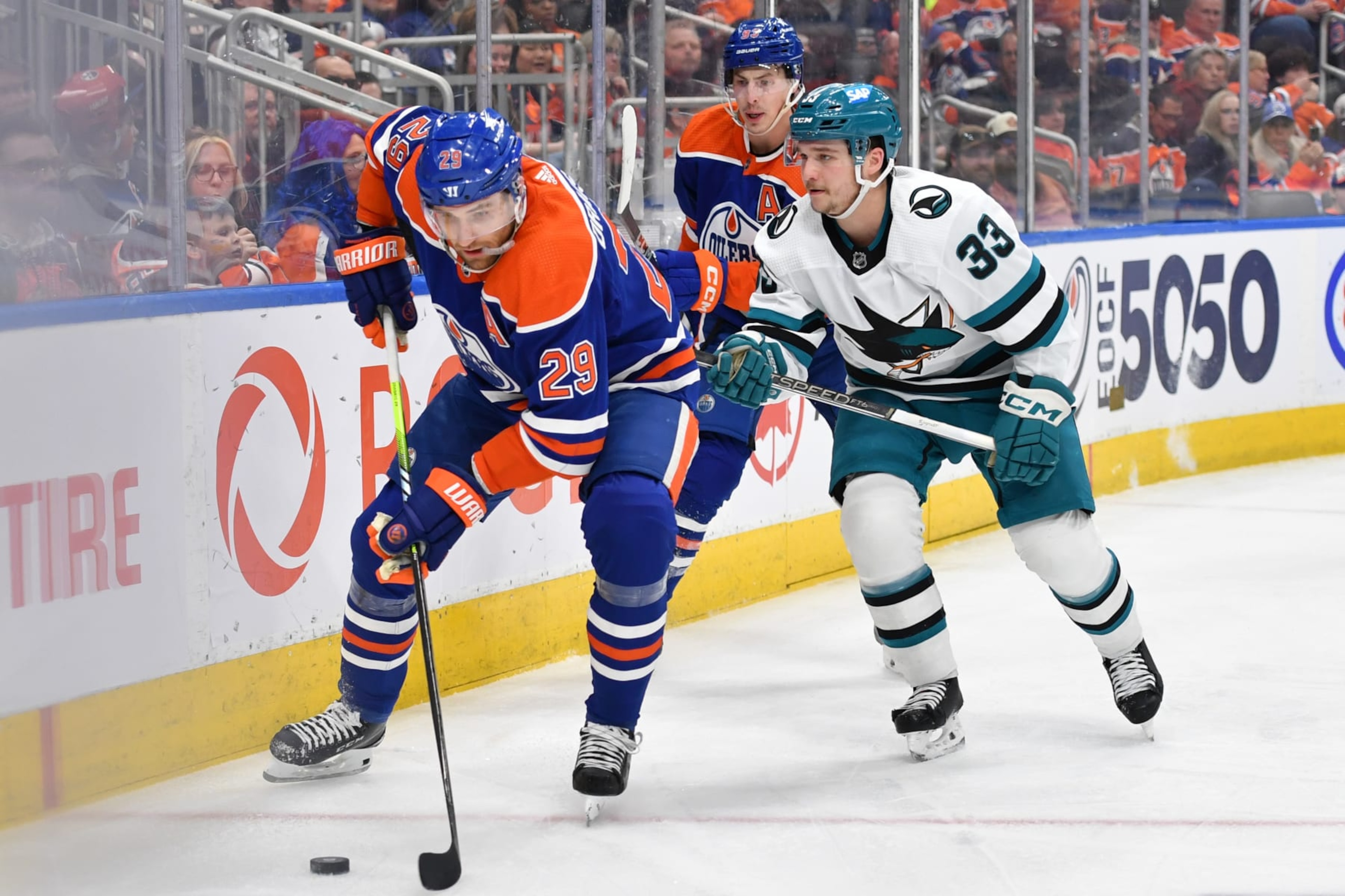 EDMONTON, CANADA - APRIL 15: Leon Draisaitl #29 of the Edmonton Oilers skates during the game against Calen Addison #33 of the San Jose Sharks at Rogers Place on April 15, 2024, in Edmonton, Alberta, Canada. (Photo by Andy Devlin/NHLI via Getty Images)