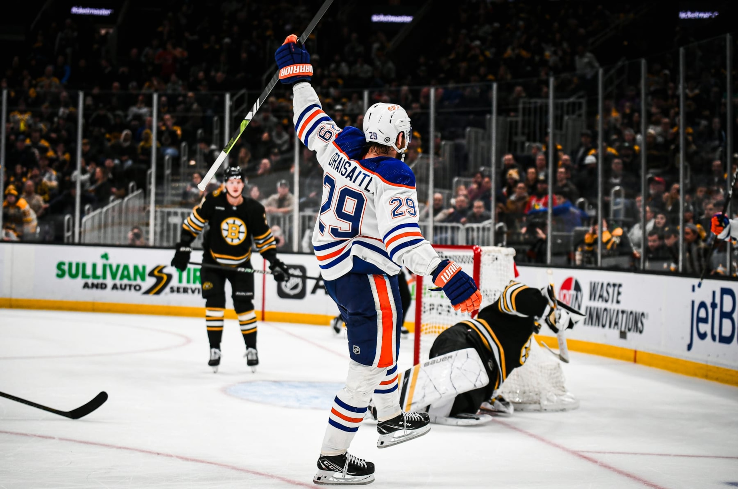 BOSTON, MASSACHUSETTS - MARCH 05: Leon Draisaitl #29 of the Edmonton Oilers celebrates his over time goal against the Boston Bruins at TD Garden on March 05, 2024 in Boston, Massachusetts. (Photo by China Wong/NHLI via Getty Images)