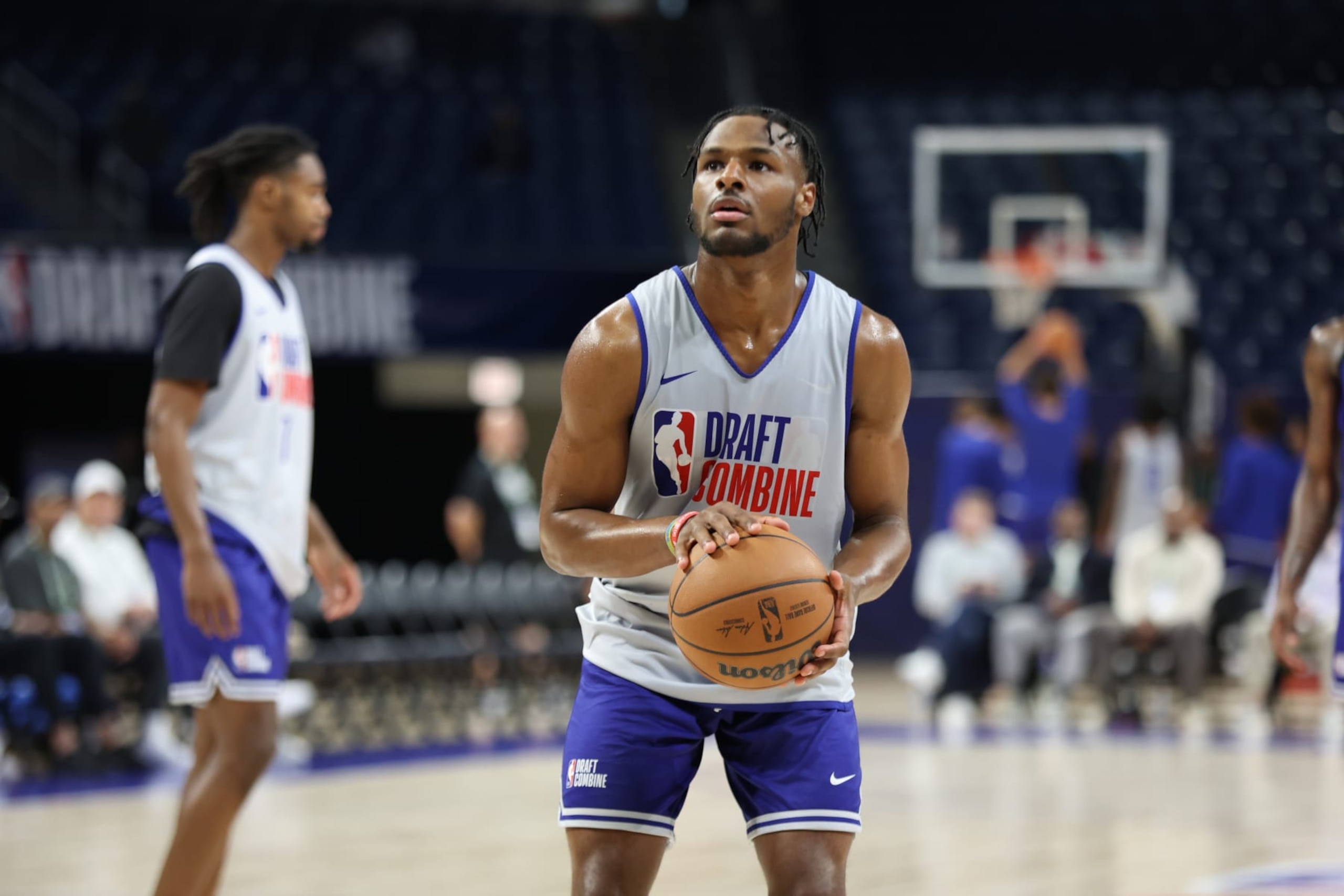 CHICAGO, IL - MAY 14: Bronny James shoots a free throw during the 2024 NBA Combine on May 14, 2024 at Wintrust Arena in Chicago, Illinois. NOTE TO USER: User expressly acknowledges and agrees that, by downloading and or using this photograph, User is consenting to the terms and conditions of the Getty Images License Agreement. Mandatory Copyright Notice: Copyright 2024 NBAE (Photo by Jeff Haynes/NBAE via Getty Images) CHICAGO, IL - MAY 14: Bronny James shoots a free throw during the 2024 NBA Combine on May 14, 2024 at Wintrust Arena in Chicago, Illinois. NOTE TO USER: User expressly acknowledges and agrees that, by downloading and or using this photograph, User is consenting to the terms and conditions of the Getty Images License Agreement. Mandatory Copyright Notice: Copyright 2024 NBAE (Photo by Jeff Haynes/NBAE via Getty Images)