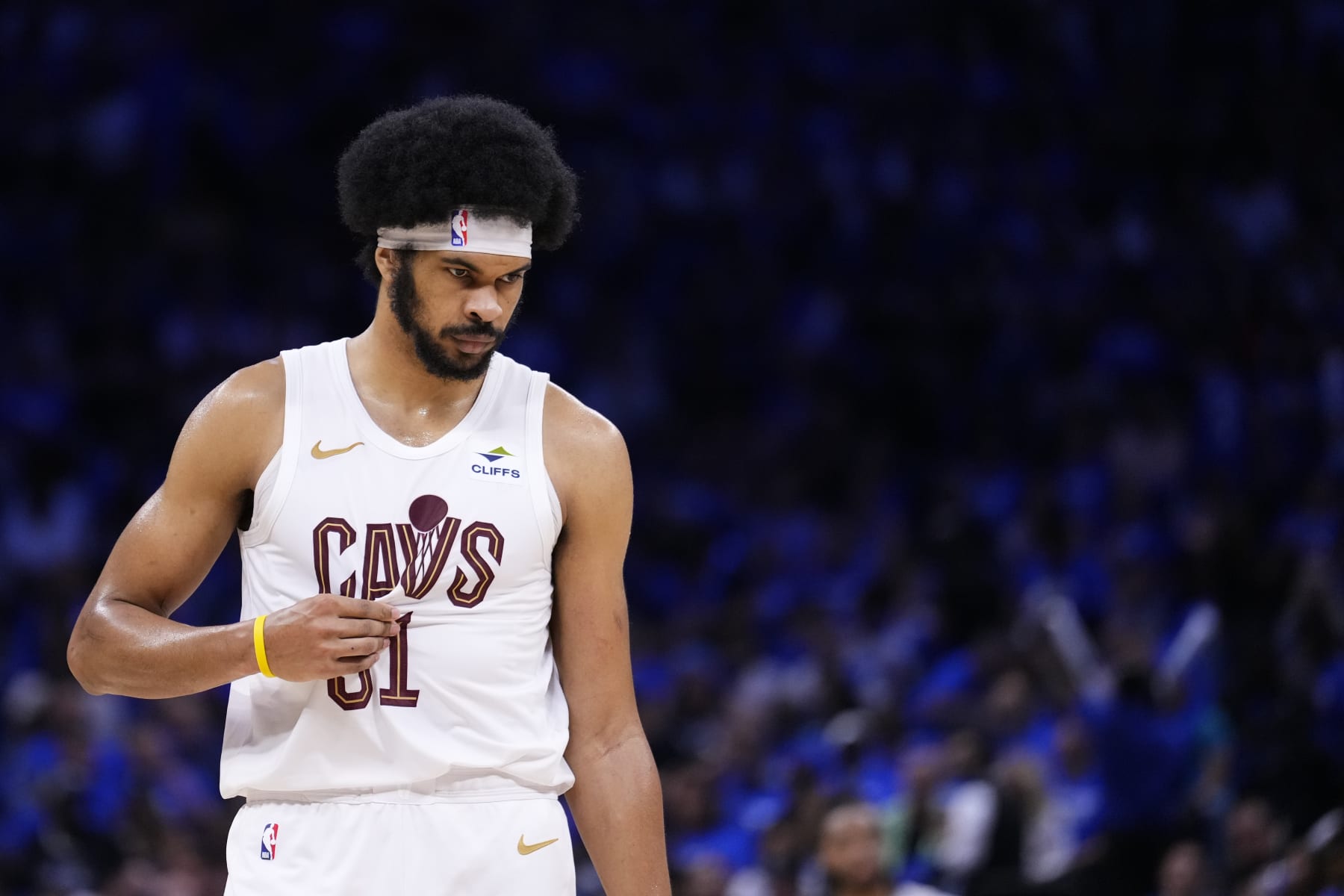 ORLANDO, FLORIDA - APRIL 25: Jarrett Allen #31 of the Cleveland Cavaliers looks on against the Orlando Magic during the third quarter of game three of the Eastern Conference First Round Playoffs at Kia Center on April 25, 2024 in Orlando, Florida. NOTE TO USER: User expressly acknowledges and agrees that, by downloading and or using this photograph, User is consenting to the terms and conditions of the Getty Images License Agreement. (Photo by Rich Storry/Getty Images)