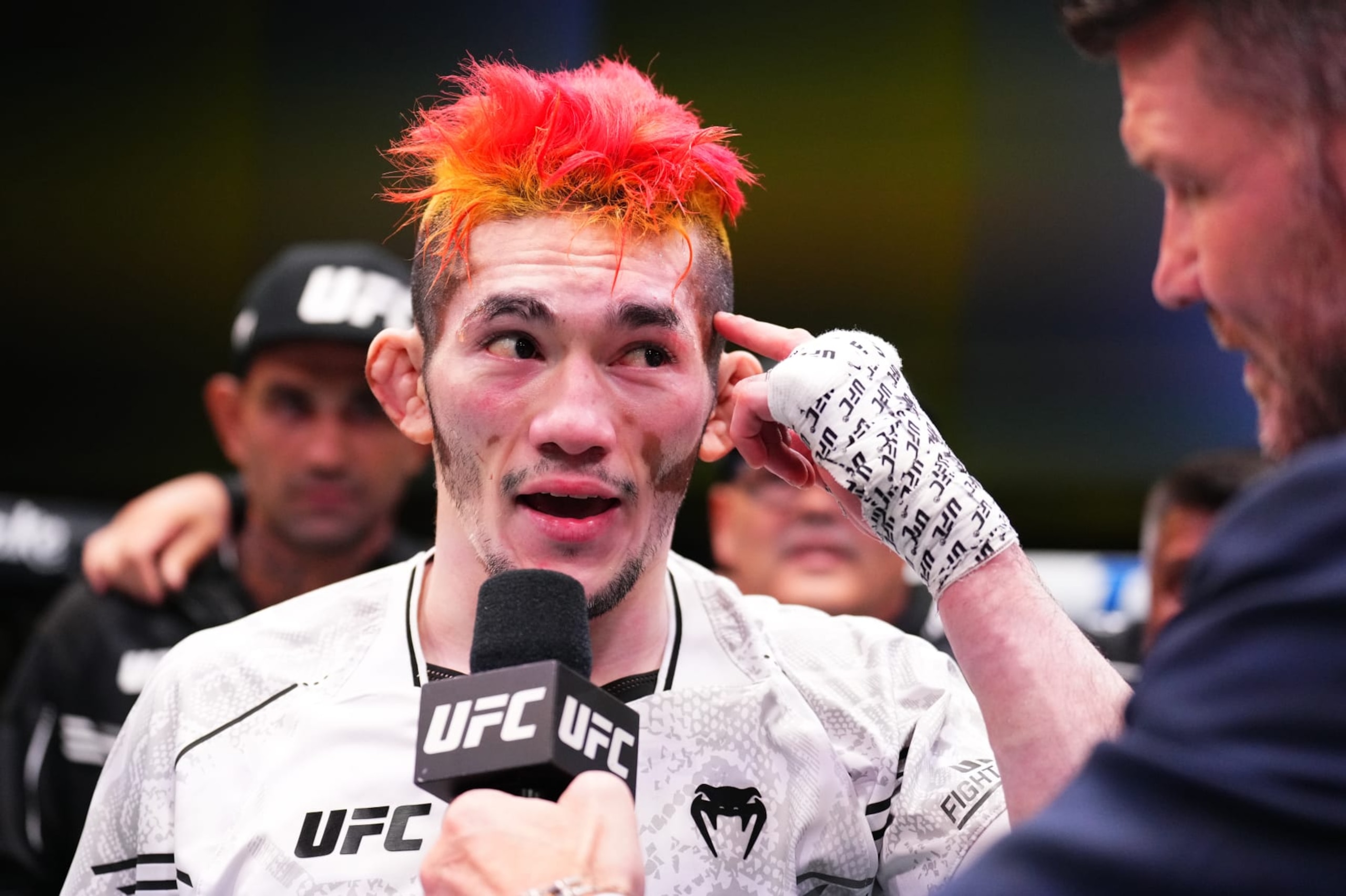 LAS VEGAS, NEVADA - JUNE 15: Melquizael Costa of Brazil reacts after his victory against Shayilan Nuerdanbieke of China in a featherweight fight during the UFC Fight Night event at UFC APEX on June 15, 2024 in Las Vegas, Nevada.  (Photo by Chris Unger/Zuffa LLC via Getty Images)