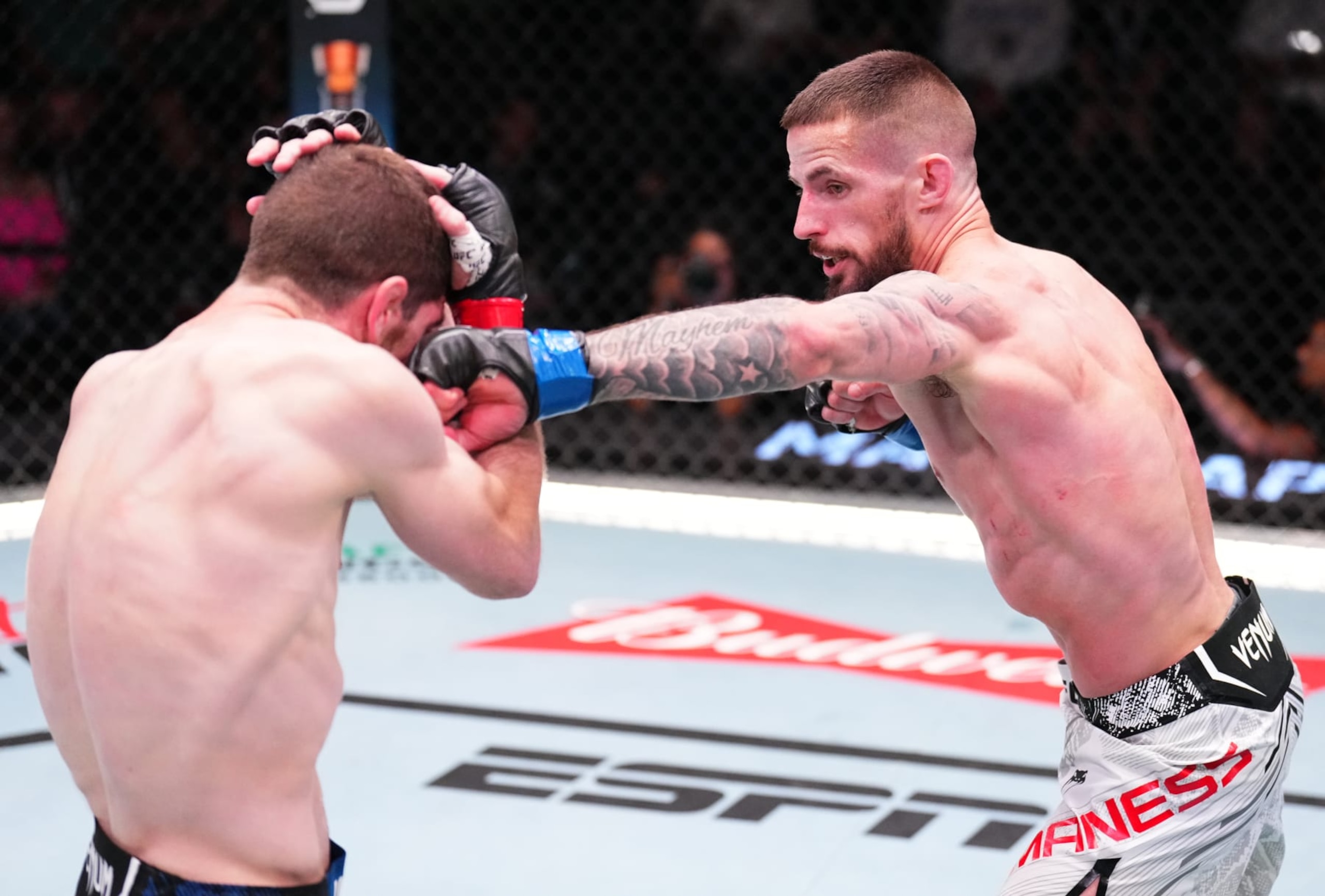 LAS VEGAS, NEVADA - JUNE 15: (R-L) Nate Maness punches Jimmy Flick in a flyweight fight during the UFC Fight Night event at UFC APEX on June 15, 2024 in Las Vegas, Nevada.  (Photo by Chris Unger/Zuffa LLC via Getty Images)