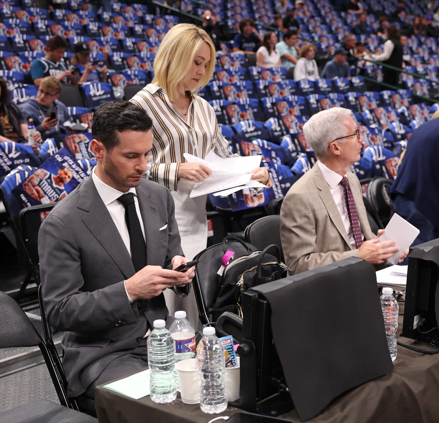 DALLAS, TX - MAY 3: JJ Reddick and Doris Burke look on before the game between the LA Clippers and the Dallas Mavericks during Round 1 Game 6 of the 2024 NBA Playoffs on May 3, 2024 at the American Airlines Center in Dallas, Texas. NOTE TO USER: User expressly acknowledges and agrees that, by downloading and or using this photograph, User is consenting to the terms and conditions of the Getty Images License Agreement. Mandatory Copyright Notice: Copyright 2024 NBAE (Photo by Joe Murphy/NBAE via Getty Images) DALLAS, TX - MAY 3: JJ Reddick and Doris Burke look on before the game between the LA Clippers and the Dallas Mavericks during Round 1 Game 6 of the 2024 NBA Playoffs on May 3, 2024 at the American Airlines Center in Dallas, Texas. NOTE TO USER: User expressly acknowledges and agrees that, by downloading and or using this photograph, User is consenting to the terms and conditions of the Getty Images License Agreement. Mandatory Copyright Notice: Copyright 2024 NBAE (Photo by Joe Murphy/NBAE via Getty Images)