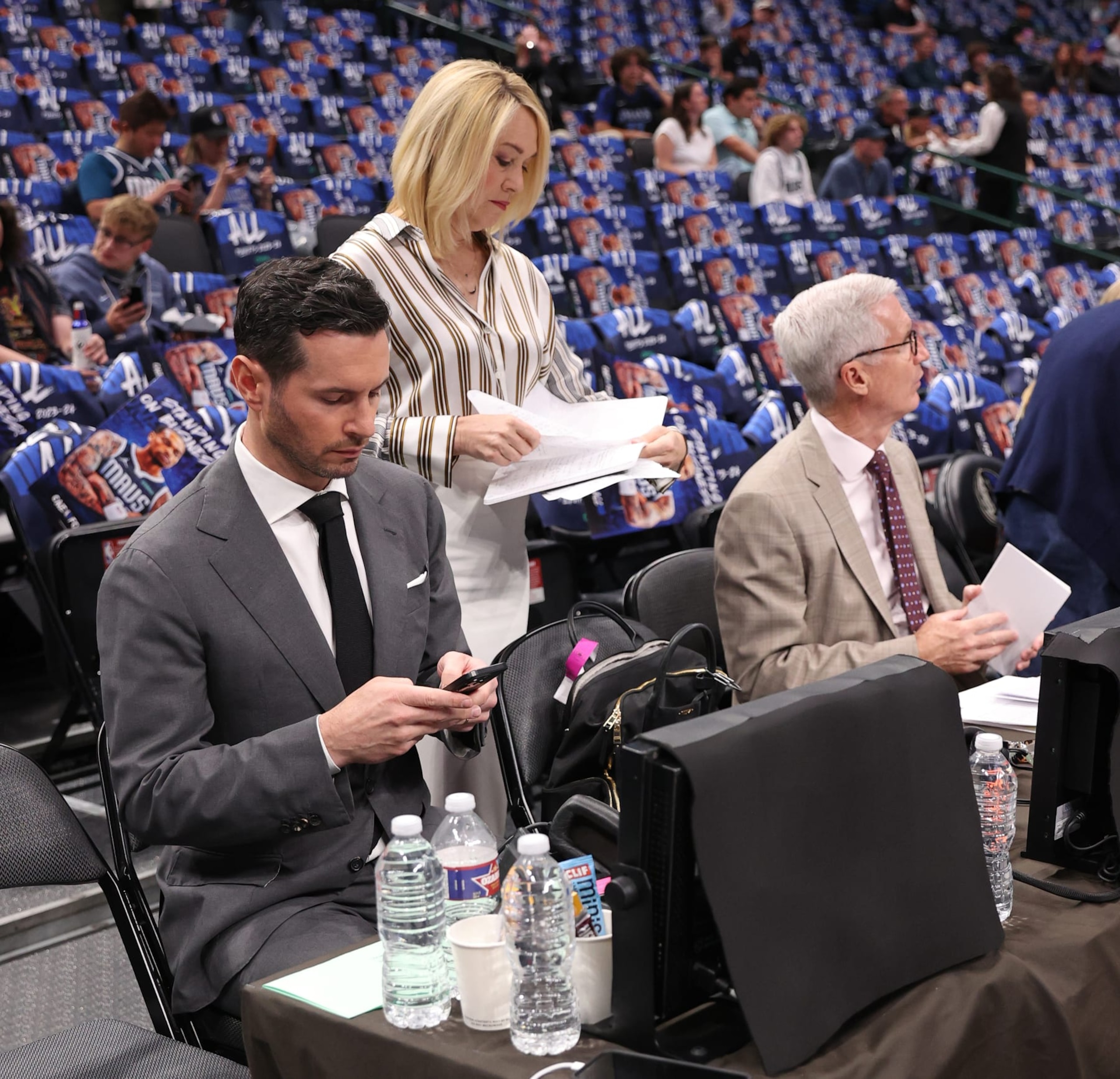 DALLAS, TX - MAY 3: JJ Reddick and Doris Burke look on before the game between the LA Clippers and the Dallas Mavericks during Round 1 Game 6 of the 2024 NBA Playoffs on May 3, 2024 at the American Airlines Center in Dallas, Texas. NOTE TO USER: User expressly acknowledges and agrees that, by downloading and or using this photograph, User is consenting to the terms and conditions of the Getty Images License Agreement. Mandatory Copyright Notice: Copyright 2024 NBAE (Photo by Joe Murphy/NBAE via Getty Images) DALLAS, TX - MAY 3: JJ Reddick and Doris Burke look on before the game between the LA Clippers and the Dallas Mavericks during Round 1 Game 6 of the 2024 NBA Playoffs on May 3, 2024 at the American Airlines Center in Dallas, Texas. NOTE TO USER: User expressly acknowledges and agrees that, by downloading and or using this photograph, User is consenting to the terms and conditions of the Getty Images License Agreement. Mandatory Copyright Notice: Copyright 2024 NBAE (Photo by Joe Murphy/NBAE via Getty Images)