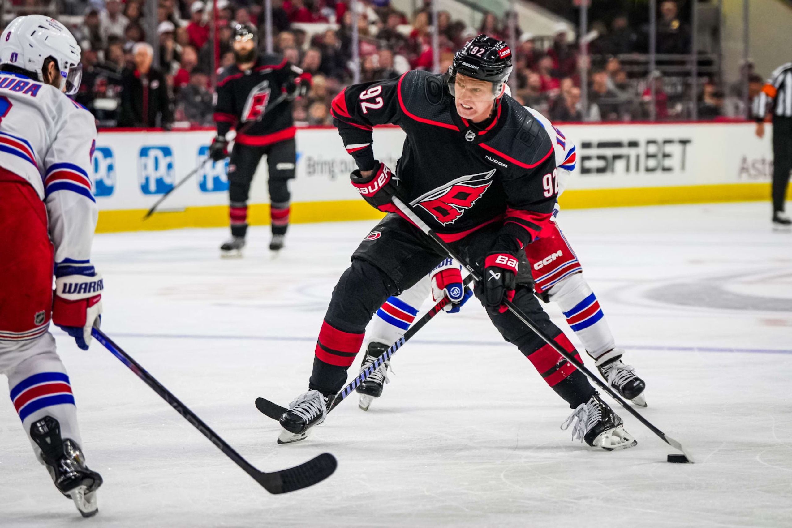 RALEIGH, NORTH CAROLINA - MAY 16: Evgeny Kuznetsov #92 of the Carolina Hurricanes skates during the first period against the New York Rangers in Game Six of the Second Round of the 2024 Stanley Cup Playoffs at PNC Arena on May 16, 2024 in Raleigh, North Carolina.  (Photo by Josh Lavallee/NHLI via Getty Images)