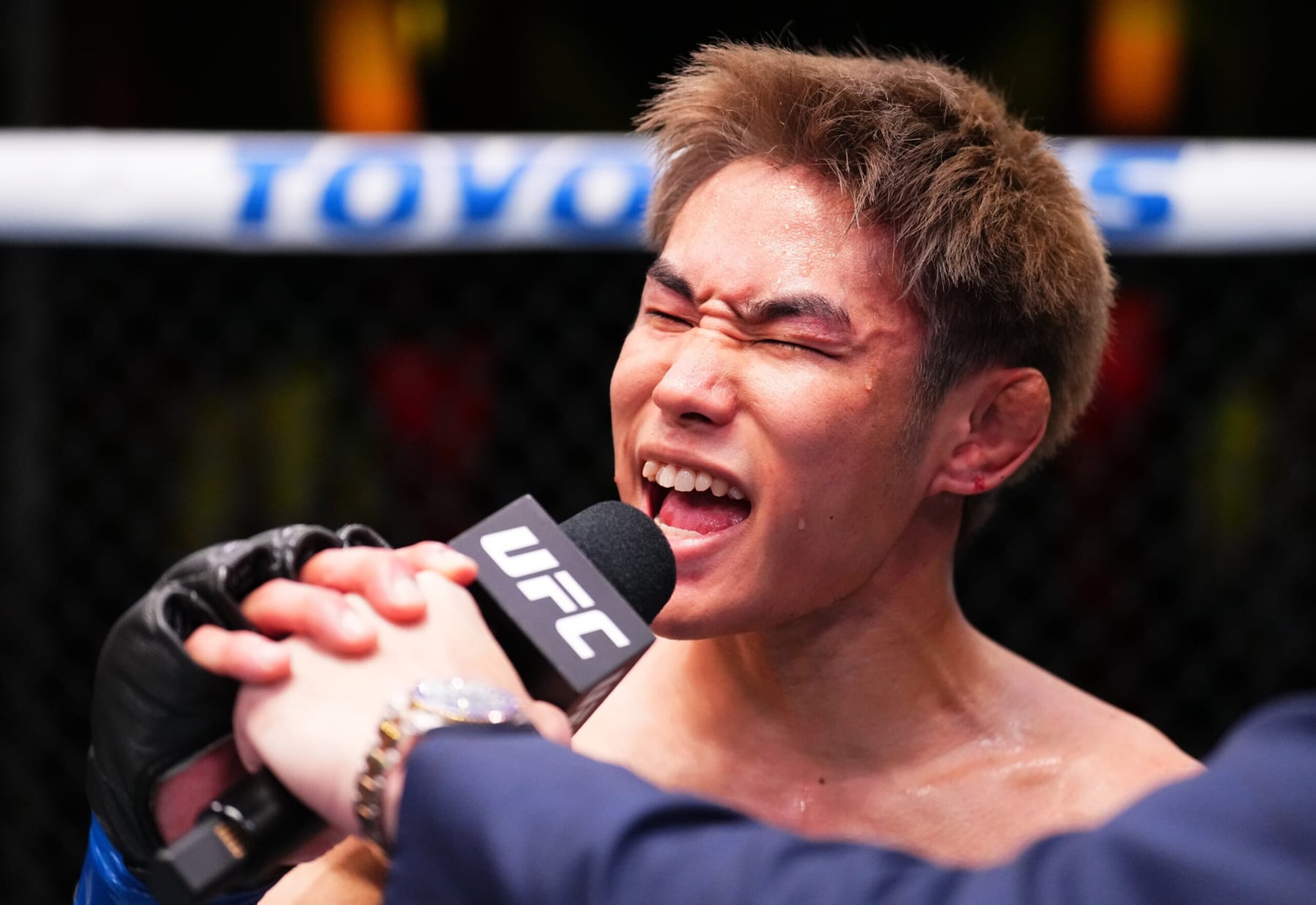 LAS VEGAS, NEVADA - JUNE 15: Tatsuro Taira of Japan reacts after his victory against Alex Perez in a flyweight fight during the UFC Fight Night event at UFC APEX on June 15, 2024 in Las Vegas, Nevada.  (Photo by Chris Unger/Zuffa LLC via Getty Images)