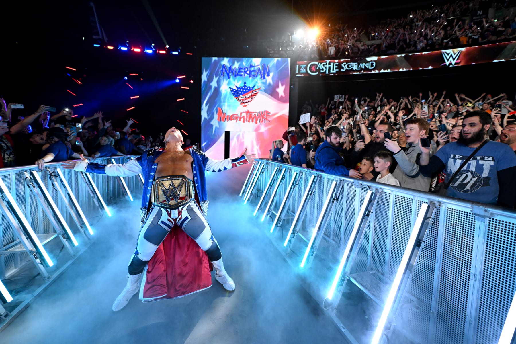 GLASGOW, SCOTLAND - JUNE 15: WWE Undisputed Champion Cody Rhodes makes his entrance for his match against AJ Styles (not pictured) during WWE's Clash at the Castle, Premium Live Event at The OVO Hydro on June 15, 2024 in Glasgow, Scotland.  (Photo by WWE/Getty Images)