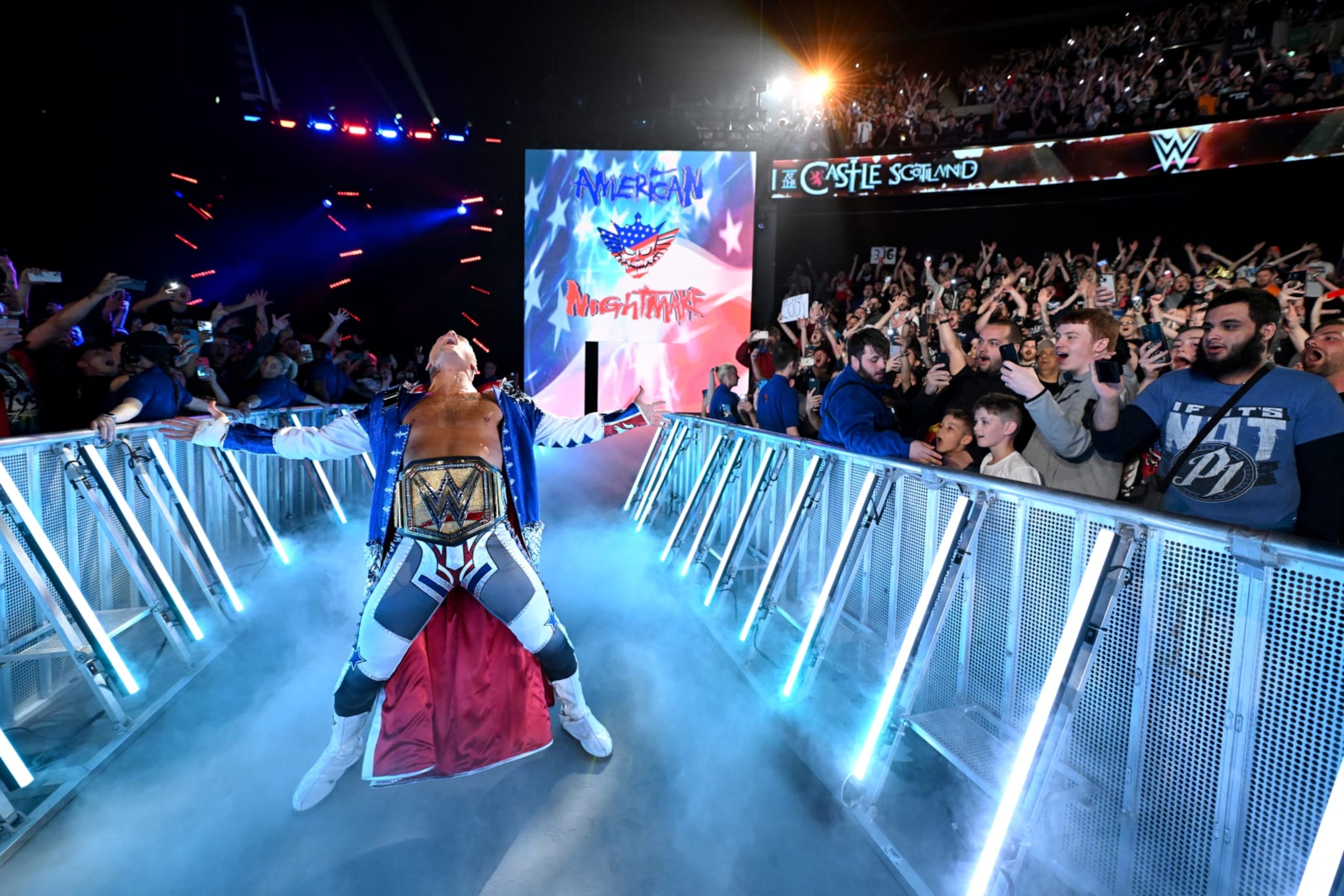 GLASGOW, SCOTLAND - JUNE 15: WWE Undisputed Champion Cody Rhodes makes his entrance for his match against AJ Styles (not pictured) during WWE's Clash at the Castle, Premium Live Event at The OVO Hydro on June 15, 2024 in Glasgow, Scotland.  (Photo by WWE/Getty Images)