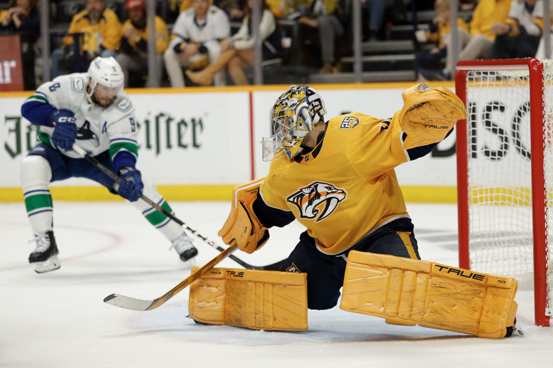 NASHVILLE, TENNESSEE - MAY 03: Juuse Saros #74 of the Nashville Predators tends goal against the Vancouver Canucks during the second period in Game Six of the Western Conference First Round Playoffs at Bridgestone Arena on May 03, 2024 in Nashville, Tennessee.  (Photo by Brett Carlsen/Getty Images)