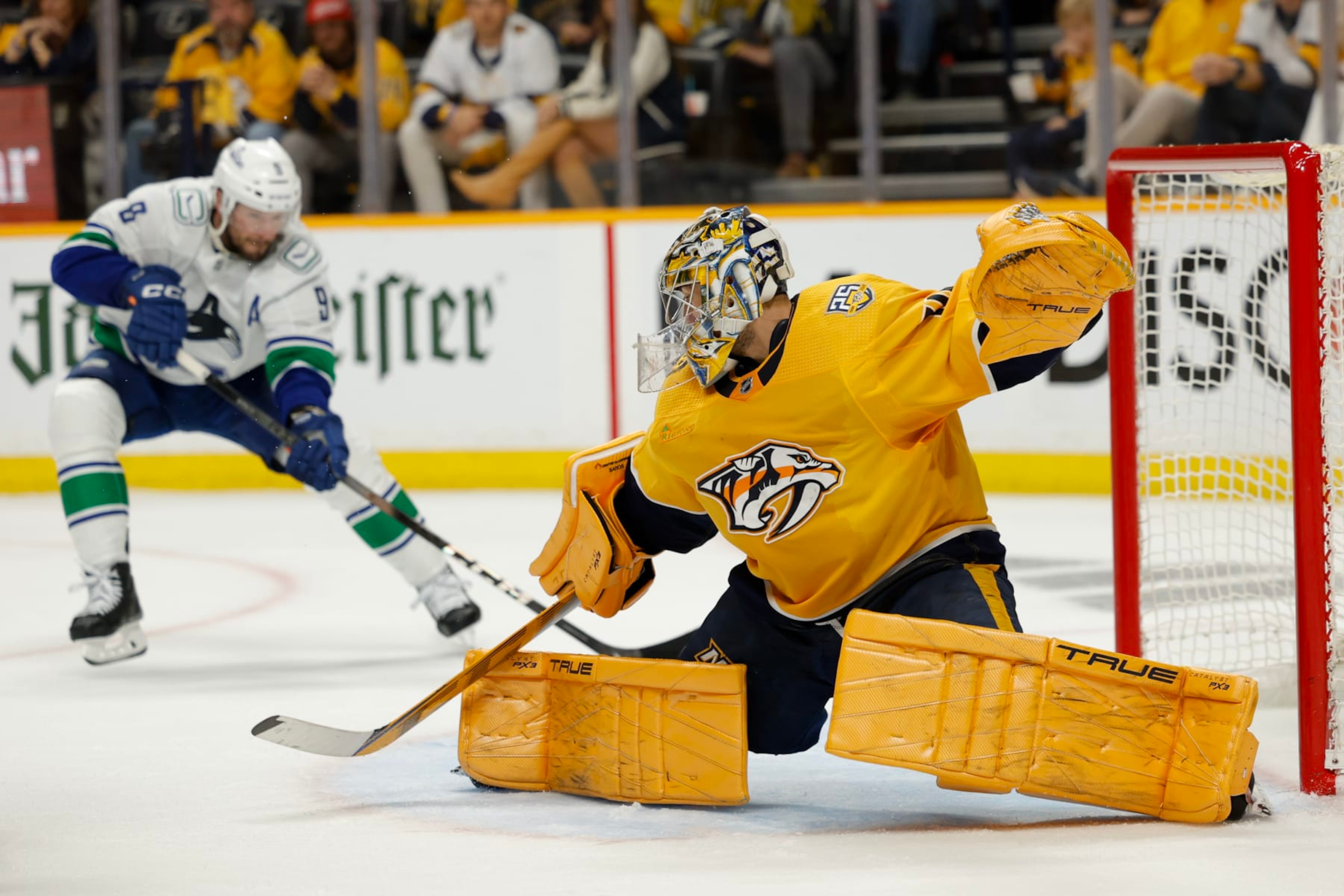 NASHVILLE, TENNESSEE - MAY 03: Juuse Saros #74 of the Nashville Predators tends goal against the Vancouver Canucks during the second period in Game Six of the Western Conference First Round Playoffs at Bridgestone Arena on May 03, 2024 in Nashville, Tennessee.  (Photo by Brett Carlsen/Getty Images)