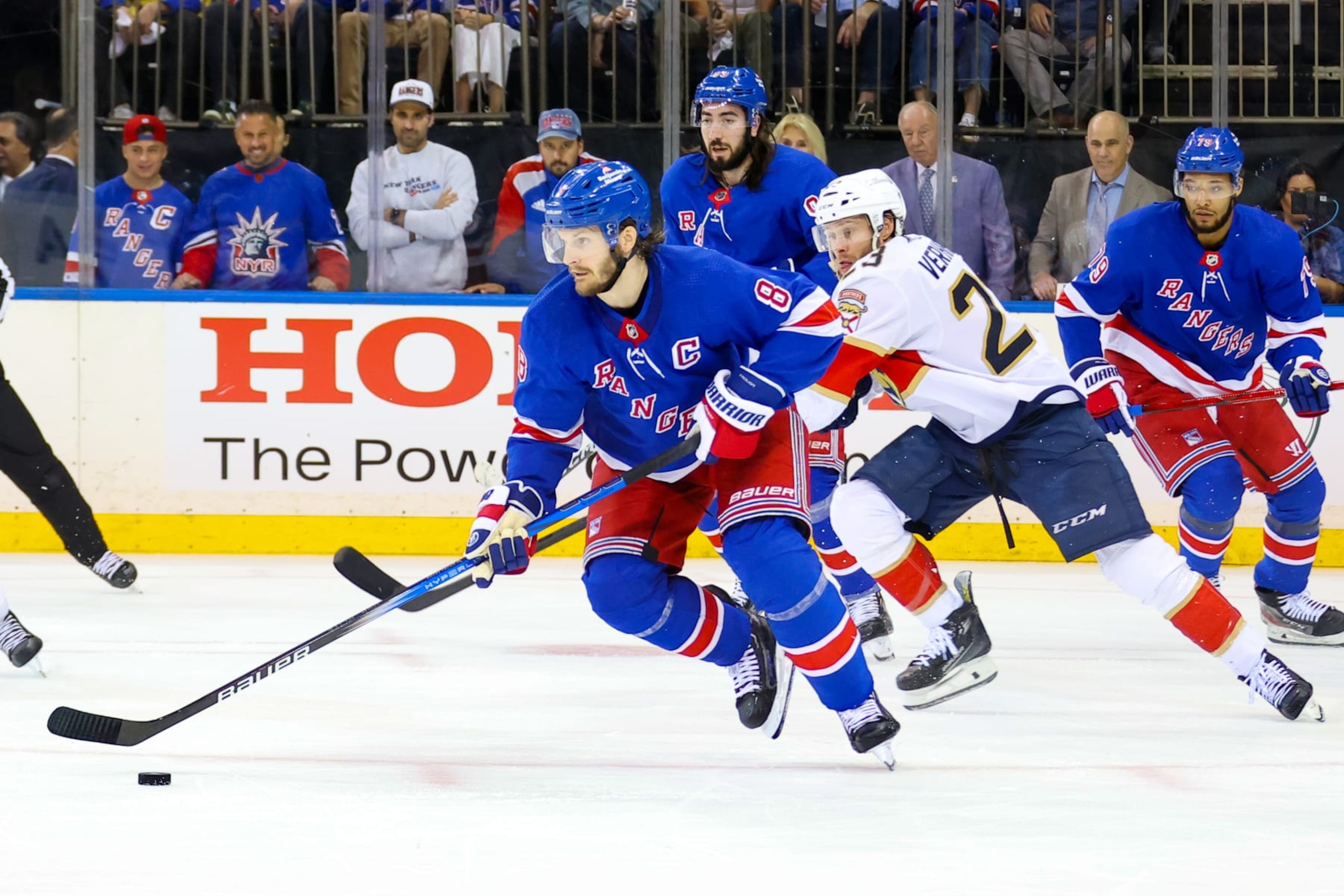NEW YORK, NY - MAY 24: New York Rangers Defenseman Jacob Trouba (8) in action during the first period of Game 2 of the National Hockey League Stanley Cup Eastern Conference Finals between the Florida Panthers and the New York Rangers on May 24, 2024 at Madison Square Garden in New York, NY. (Photo by Joshua Sarner/Icon Sportswire via Getty Images) NEW YORK, NY - MAY 24: New York Rangers Defenseman Jacob Trouba (8) in action during the first period of Game 2 of the National Hockey League Stanley Cup Eastern Conference Finals between the Florida Panthers and the New York Rangers on May 24, 2024 at Madison Square Garden in New York, NY. (Photo by Joshua Sarner/Icon Sportswire via Getty Images)