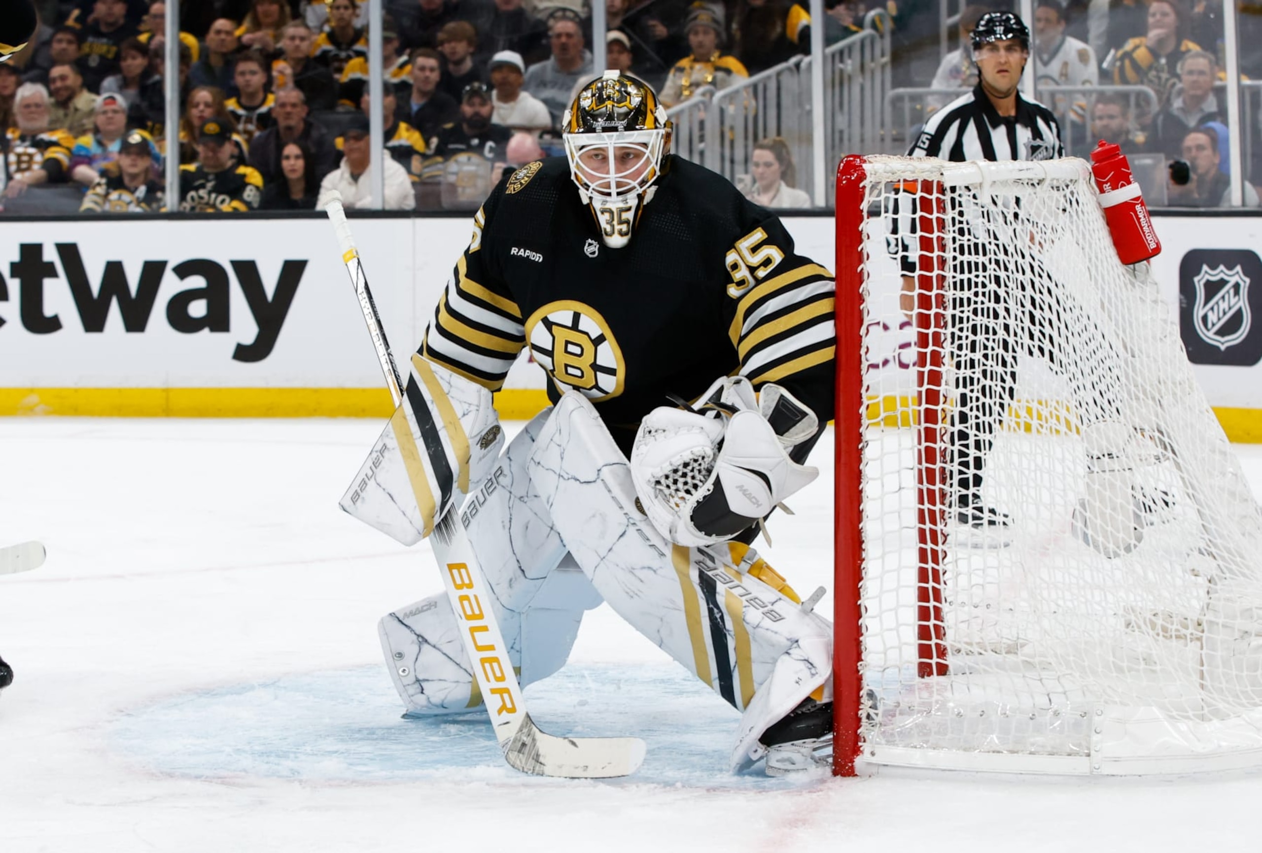 BOSTON, MASSACHUSETTS - APRIL 22: Linus Ullmark #35 of the Boston Bruins tends goal against the Toronto Maple Leafs during the second period in Game Two of the First Round of the 2024 Stanley Cup Playoffs at the TD Garden on April 22, 2024 in Boston, Massachusetts. The Maple Leafs won 3-2 to even the series at 1-1. (Photo by Richard T Gagnon/Getty Images) BOSTON, MASSACHUSETTS - APRIL 22: Linus Ullmark #35 of the Boston Bruins tends goal against the Toronto Maple Leafs during the second period in Game Two of the First Round of the 2024 Stanley Cup Playoffs at the TD Garden on April 22, 2024 in Boston, Massachusetts. The Maple Leafs won 3-2 to even the series at 1-1. (Photo by Richard T Gagnon/Getty Images)