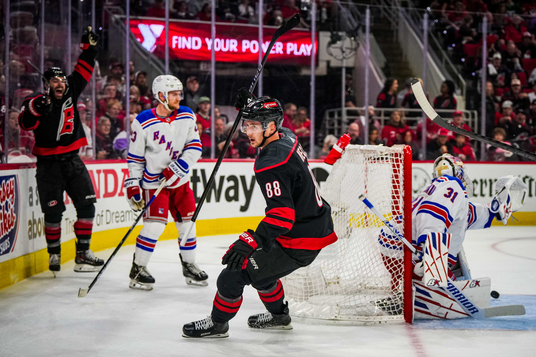 RALEIGH, NORTH CAROLINA - MAY 16: Martin Necas #88 of the Carolina Hurricanes celebrates after a goal during the first period against the New York Rangers in Game Six of the Second Round of the 2024 Stanley Cup Playoffs at PNC Arena on May 16, 2024 in Raleigh, North Carolina.  (Photo by Josh Lavallee/NHLI via Getty Images)