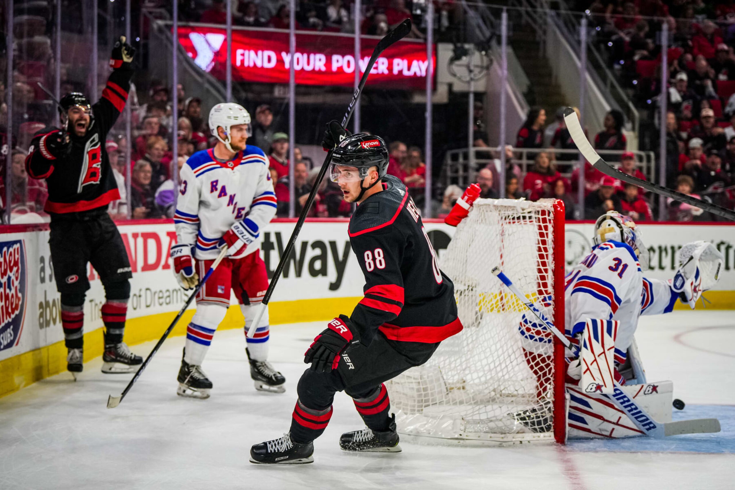 RALEIGH, NORTH CAROLINA - MAY 16: Martin Necas #88 of the Carolina Hurricanes celebrates after a goal during the first period against the New York Rangers in Game Six of the Second Round of the 2024 Stanley Cup Playoffs at PNC Arena on May 16, 2024 in Raleigh, North Carolina. (Photo by Josh Lavallee/NHLI via Getty Images) RALEIGH, NORTH CAROLINA - MAY 16: Martin Necas #88 of the Carolina Hurricanes celebrates after a goal during the first period against the New York Rangers in Game Six of the Second Round of the 2024 Stanley Cup Playoffs at PNC Arena on May 16, 2024 in Raleigh, North Carolina. (Photo by Josh Lavallee/NHLI via Getty Images)