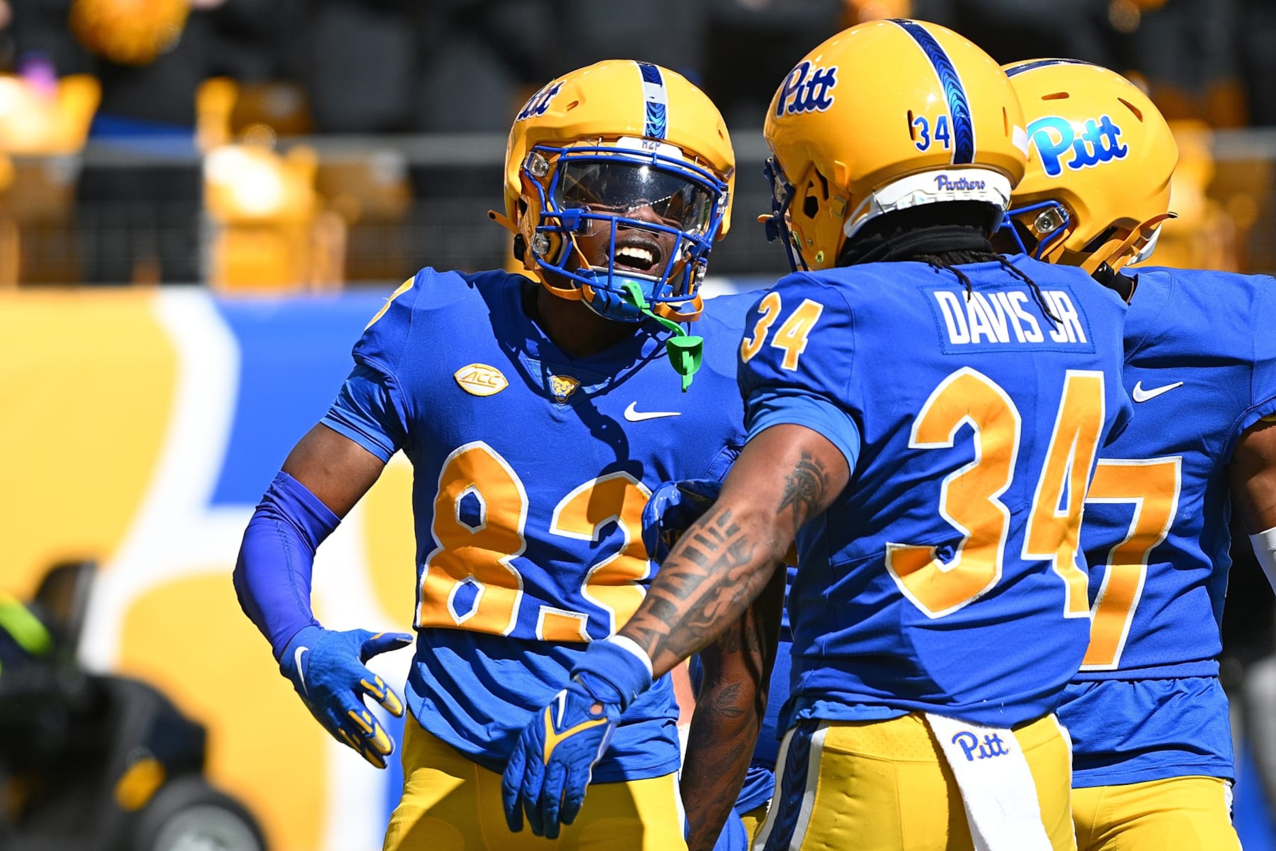 PITTSBURGH, PENNSYLVANIA - APRIL 13: Lamar Seymore #83 of the Pittsburgh Panthers celebrates with Derrick Davis Jr. #34 after a touchdown catch during the Pittsburgh Panthers Spring Football Game at Acrisure Stadium on April 13, 2024 in Pittsburgh, Pennsylvania.  (Photo by Justin Berl/Getty Images)