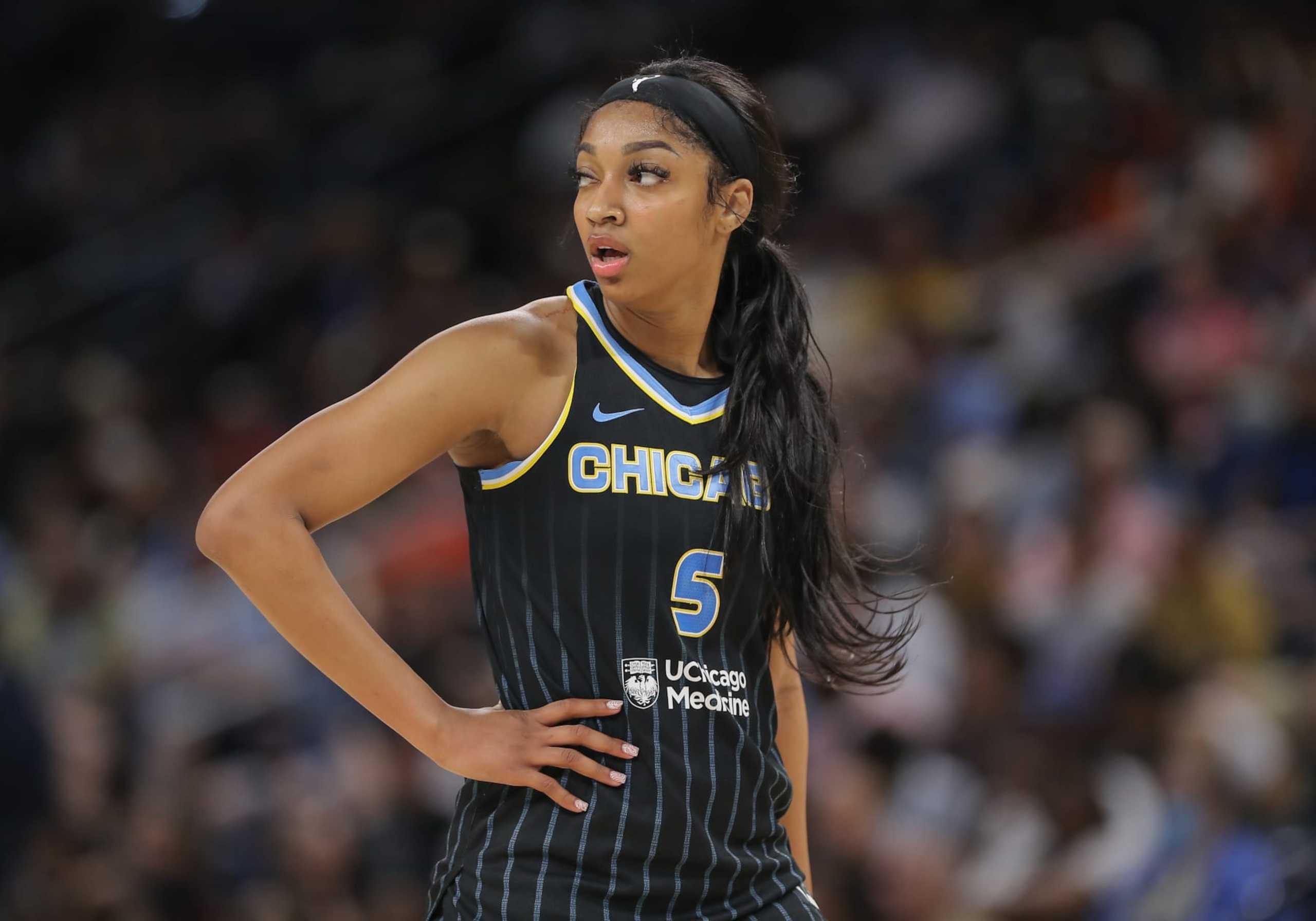 CHICAGO, IL - JUNE 12: Angel Reese #5 of the Chicago Sky looks on during the second half against the Connecticut Sun on June 12, 2024 at Wintrust Arena in Chicago Illinois. (Photo by Melissa Tamez/Icon Sportswire via Getty Images)