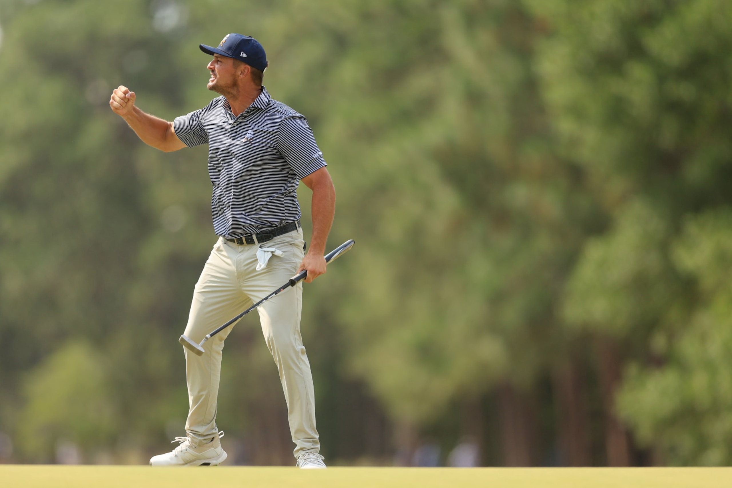 PINEHURST, NORTH CAROLINA - JUNE 16: Bryson DeChambeau of the United States reacts after making a par on the eighth hole during the final round of the 124th U.S. Open at Pinehurst Resort on June 16, 2024 in Pinehurst, North Carolina. (Photo by Sean M. Haffey/Getty Images)