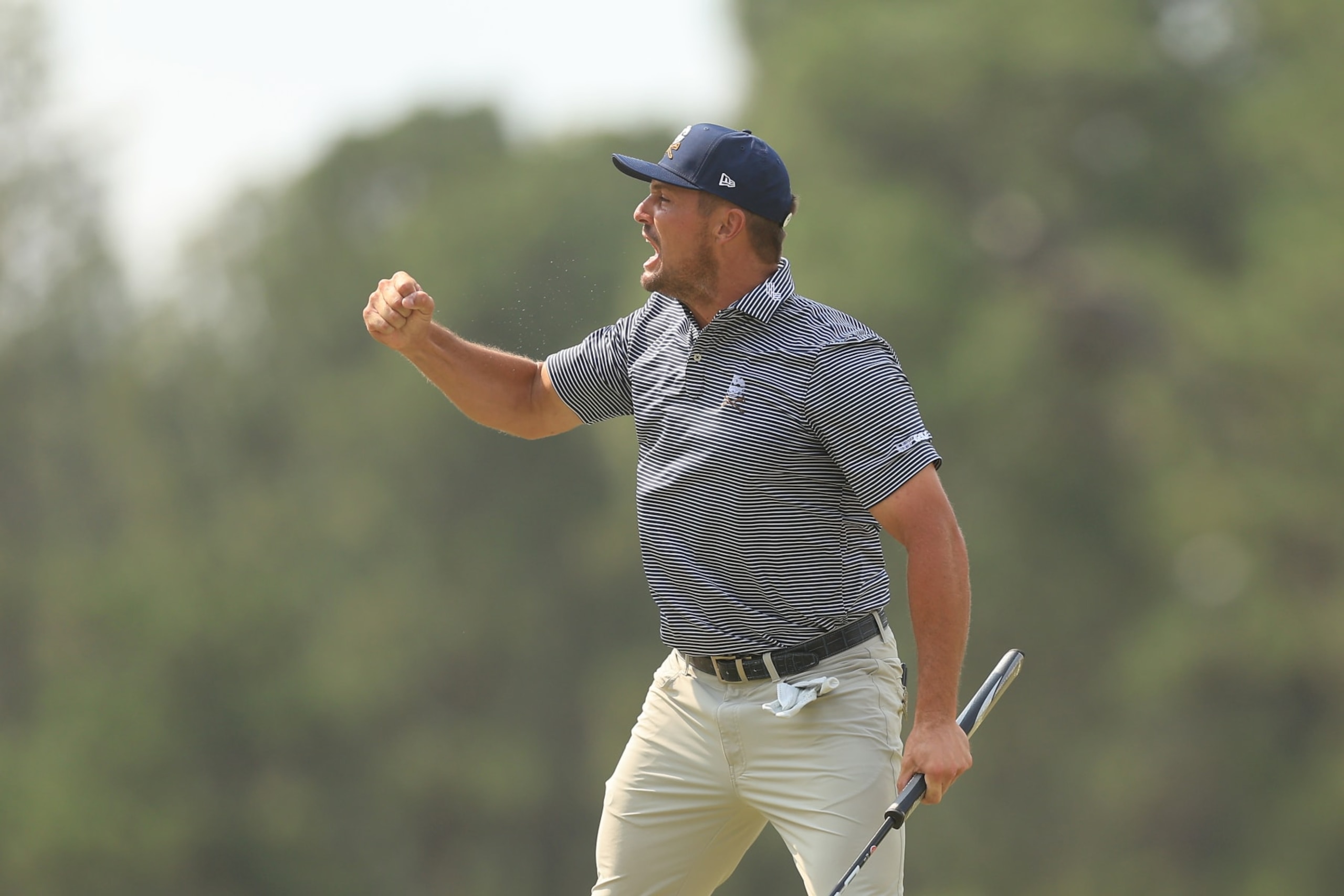 PINEHURST, NORTH CAROLINA - JUNE 16: Bryson DeChambeau of the United States reacts after making a par on the eighth hole during the final round of the 124th U.S. Open at Pinehurst Resort on June 16, 2024 in Pinehurst, North Carolina. (Photo by Sean M. Haffey/Getty Images)