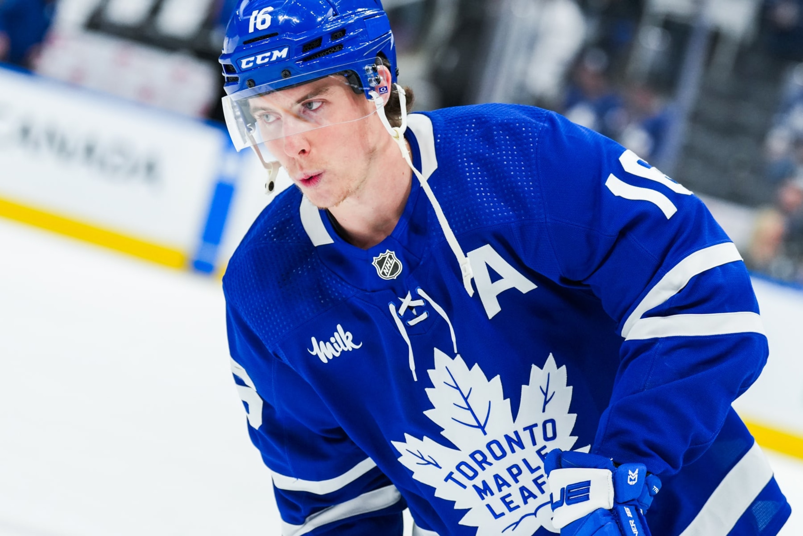 TORONTO, ON - MAY 2: Mitch Marner #16 of the Toronto Maple Leafs skates during warmups before facing the Boston Bruins in Game Six of the First Round of the 2024 Stanley Cup Playoffs at Scotiabank Arena on May 2, 2024 in Toronto, Ontario, Canada. (Photo by Kevin Sousa/NHLI via Getty Images) TORONTO, ON - MAY 2: Mitch Marner #16 of the Toronto Maple Leafs skates during warmups before facing the Boston Bruins in Game Six of the First Round of the 2024 Stanley Cup Playoffs at Scotiabank Arena on May 2, 2024 in Toronto, Ontario, Canada. (Photo by Kevin Sousa/NHLI via Getty Images)