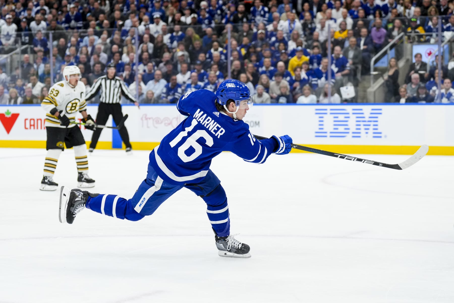 TORONTO, ON - MAY 2: Mitch Marner #16 of the Toronto Maple Leafs shoots the puck against the Boston Bruins during the first period in Game Six of the First Round of the 2024 Stanley Cup Playoffs at Scotiabank Arena on May 2, 2024 in Toronto, Ontario, Canada. (Photo by Kevin Sousa/NHLI via Getty Images)