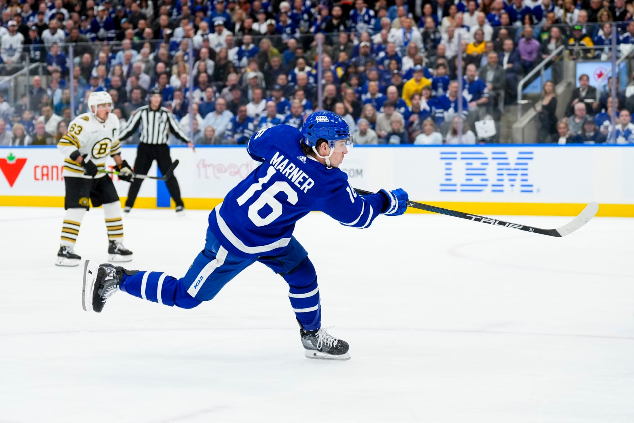 TORONTO, ON - MAY 2: Mitch Marner #16 of the Toronto Maple Leafs shoots the puck against the Boston Bruins during the first period in Game Six of the First Round of the 2024 Stanley Cup Playoffs at Scotiabank Arena on May 2, 2024 in Toronto, Ontario, Canada. (Photo by Kevin Sousa/NHLI via Getty Images) TORONTO, ON - MAY 2: Mitch Marner #16 of the Toronto Maple Leafs shoots the puck against the Boston Bruins during the first period in Game Six of the First Round of the 2024 Stanley Cup Playoffs at Scotiabank Arena on May 2, 2024 in Toronto, Ontario, Canada. (Photo by Kevin Sousa/NHLI via Getty Images)