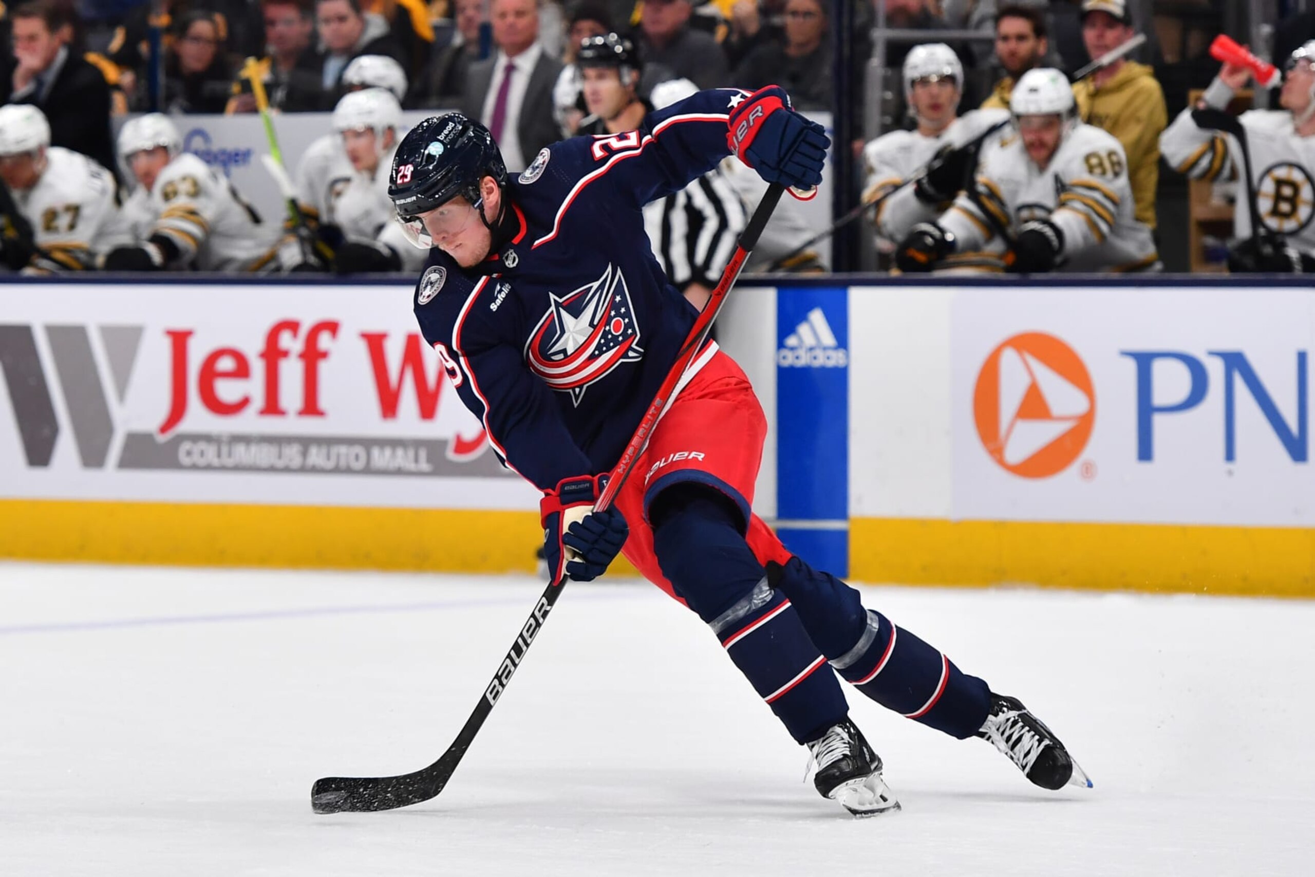 COLUMBUS, OHIO - NOVEMBER 27: Patrik Laine #29 of the Columbus Blue Jackets skates with the puck during the second period of a game against the Boston Bruins at Nationwide Arena on November 27, 2023 in Columbus, Ohio. (Photo by Ben Jackson/NHLI via Getty Images) COLUMBUS, OHIO - NOVEMBER 27: Patrik Laine #29 of the Columbus Blue Jackets skates with the puck during the second period of a game against the Boston Bruins at Nationwide Arena on November 27, 2023 in Columbus, Ohio. (Photo by Ben Jackson/NHLI via Getty Images)