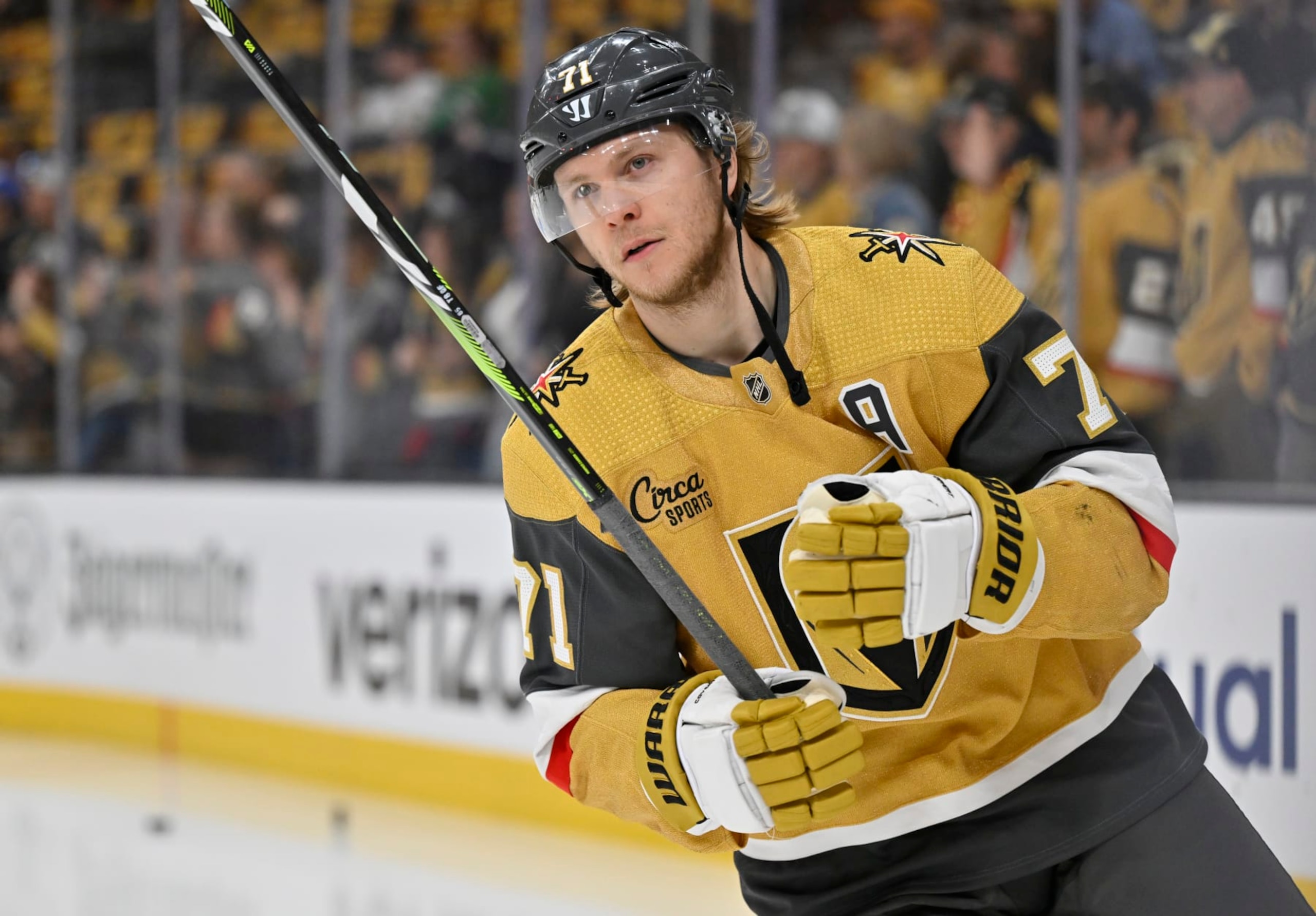 LAS VEGAS, NEVADA - MAY 03: William Karlsson #71 of the Vegas Golden Knights warms up prior to Game Six of the First Round of the 2024 Stanley Cup Playoffs against the Dallas Stars at T-Mobile Arena on May 03, 2024 in Las Vegas, Nevada. (Photo by David Becker/NHLI via Getty Images) LAS VEGAS, NEVADA - MAY 03: William Karlsson #71 of the Vegas Golden Knights warms up prior to Game Six of the First Round of the 2024 Stanley Cup Playoffs against the Dallas Stars at T-Mobile Arena on May 03, 2024 in Las Vegas, Nevada. (Photo by David Becker/NHLI via Getty Images)