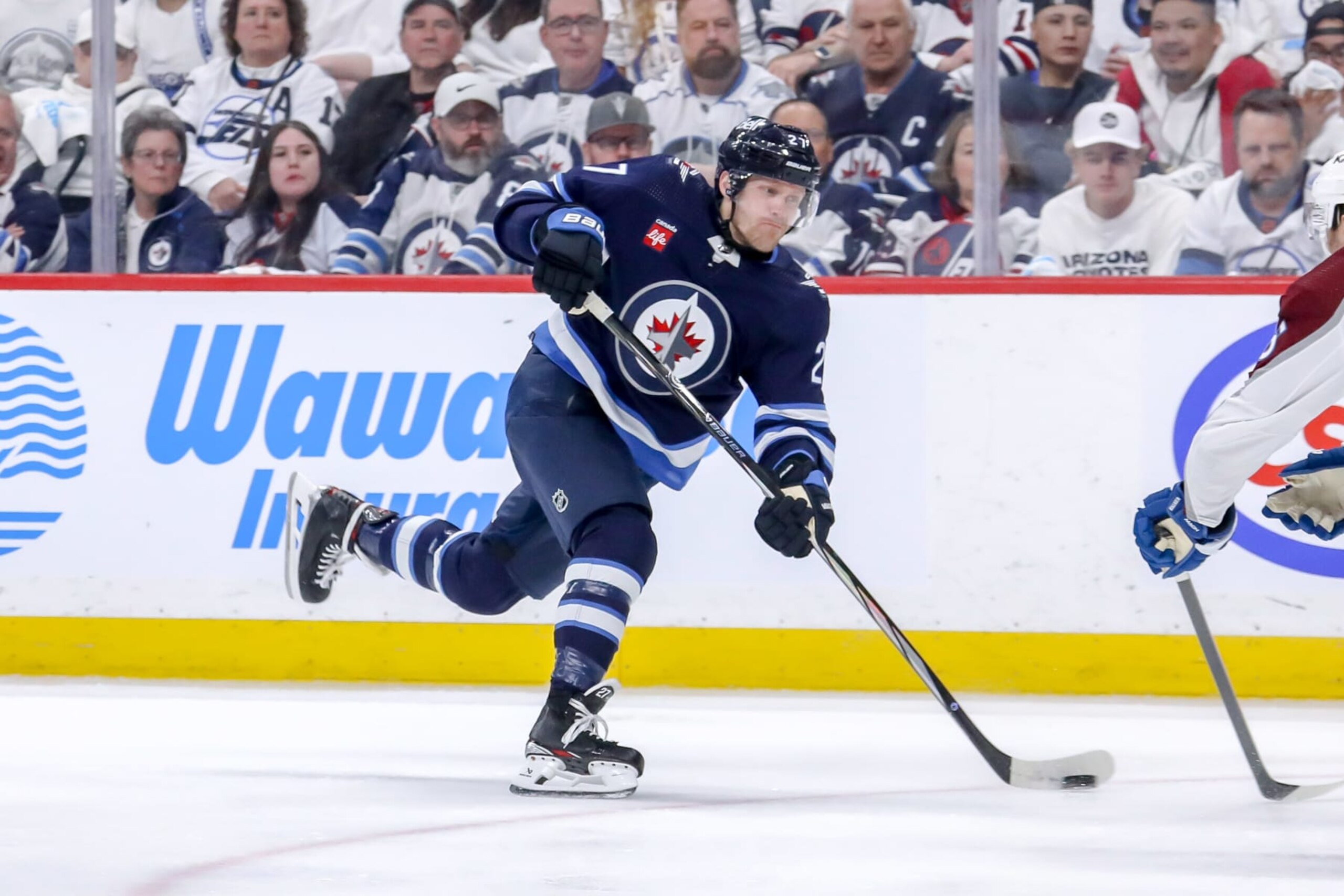 WINNIPEG, CANADA - APRIL 30: Nikolaj Ehlers #27 of the Winnipeg Jets gets set to take a shot on goal during third period action against the Colorado Avalanche in Game Five of the First Round of the 2024 Stanley Cup Playoffs at the Canada Life Centre on April 30, 2024 in Winnipeg, Manitoba, Canada. The Avs defeated the Jets 6-3 and win the series 4-1. (Photo by Darcy Finley/NHLI via Getty Images) WINNIPEG, CANADA - APRIL 30: Nikolaj Ehlers #27 of the Winnipeg Jets gets set to take a shot on goal during third period action against the Colorado Avalanche in Game Five of the First Round of the 2024 Stanley Cup Playoffs at the Canada Life Centre on April 30, 2024 in Winnipeg, Manitoba, Canada. The Avs defeated the Jets 6-3 and win the series 4-1. (Photo by Darcy Finley/NHLI via Getty Images)