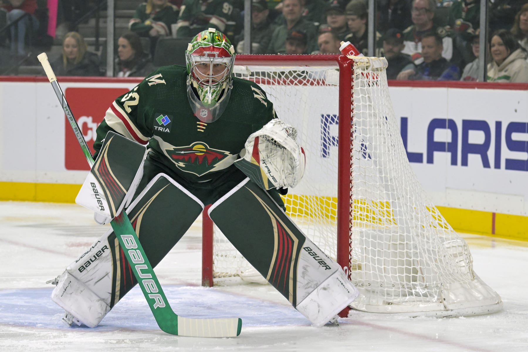 ST. PAUL, MINNESOTA - MARCH 28: Filip Gustavsson #32 of the Minnesota Wild follows the play against the San Jose Sharks during the first period at Excel Energy Center on March 28, 2024 in St. Paul Minnesota. The Wild defeated the Sharks 3-1. (Photo by Nick Wosika/Getty Images)