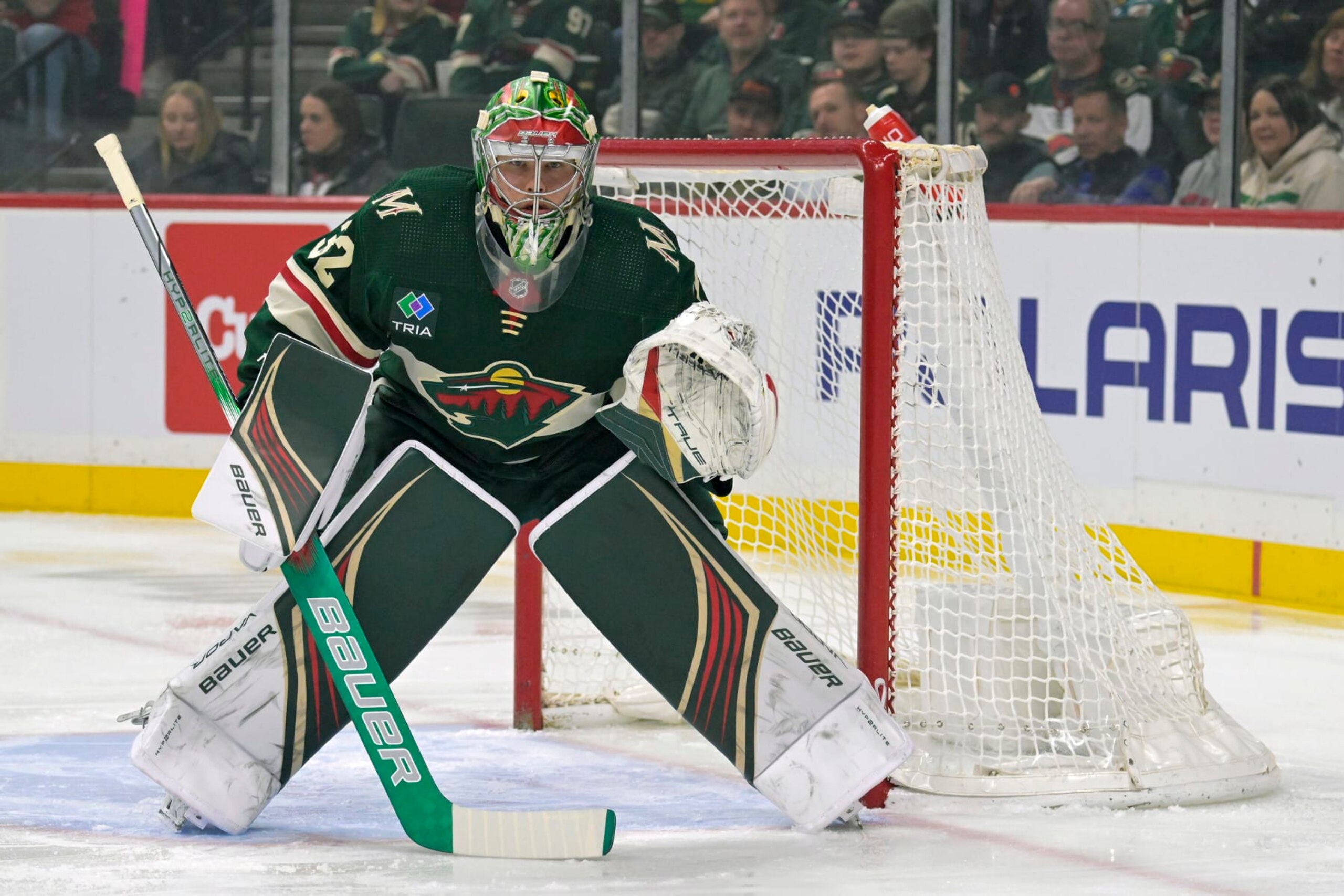 ST. PAUL, MINNESOTA - MARCH 28: Filip Gustavsson #32 of the Minnesota Wild follows the play against the San Jose Sharks during the first period at Excel Energy Center on March 28, 2024 in St. Paul Minnesota. The Wild defeated the Sharks 3-1. (Photo by Nick Wosika/Getty Images) ST. PAUL, MINNESOTA - MARCH 28: Filip Gustavsson #32 of the Minnesota Wild follows the play against the San Jose Sharks during the first period at Excel Energy Center on March 28, 2024 in St. Paul Minnesota. The Wild defeated the Sharks 3-1. (Photo by Nick Wosika/Getty Images)
