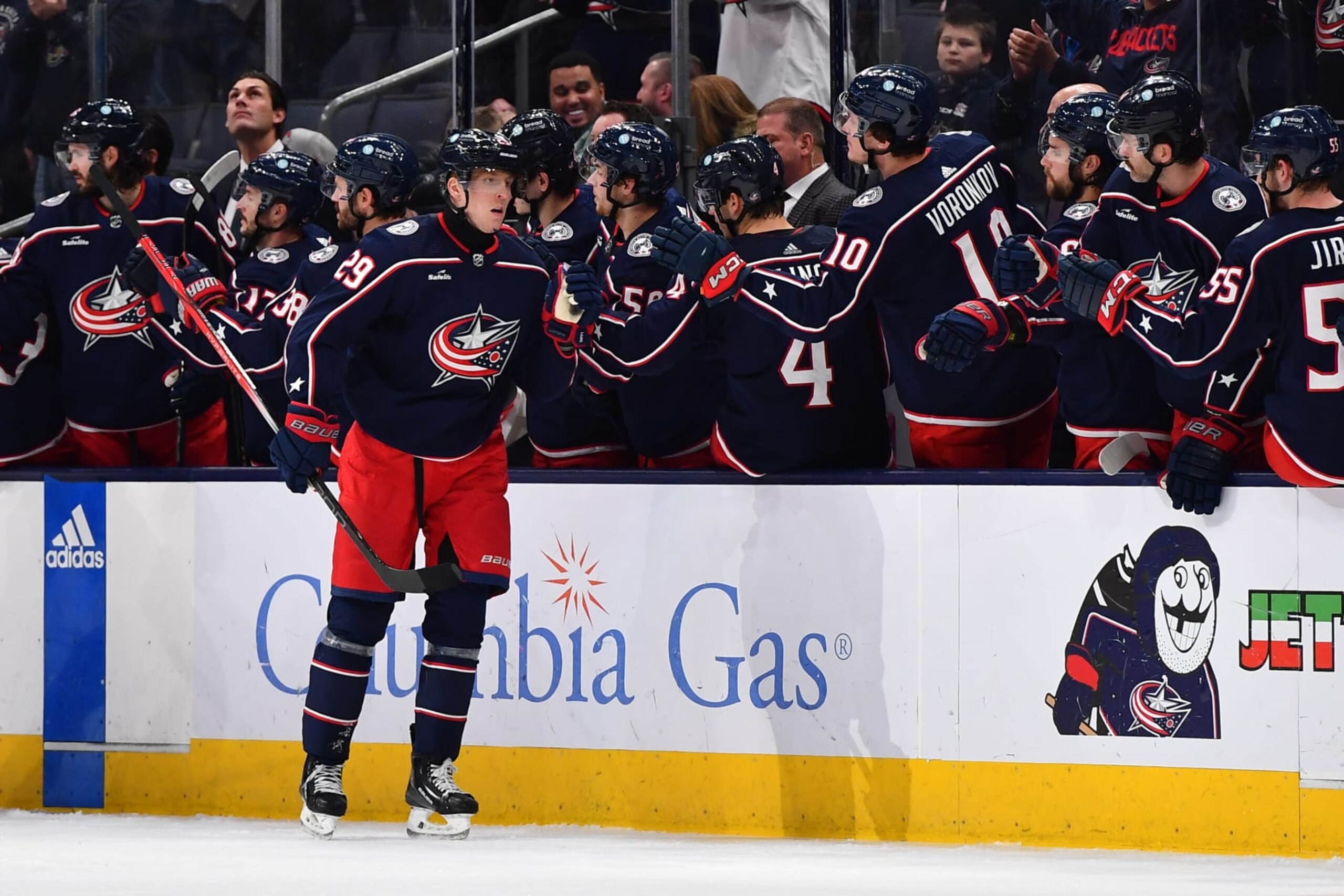 COLUMBUS, OHIO - NOVEMBER 29: Patrik Laine #29 of the Columbus Blue Jackets high-fives his teammates after scoring a goal during the second period of a game against the Montreal Canadiens at Nationwide Arena on November 29, 2023 in Columbus, Ohio. (Photo by Ben Jackson/NHLI via Getty Images) COLUMBUS, OHIO - NOVEMBER 29: Patrik Laine #29 of the Columbus Blue Jackets high-fives his teammates after scoring a goal during the second period of a game against the Montreal Canadiens at Nationwide Arena on November 29, 2023 in Columbus, Ohio. (Photo by Ben Jackson/NHLI via Getty Images)