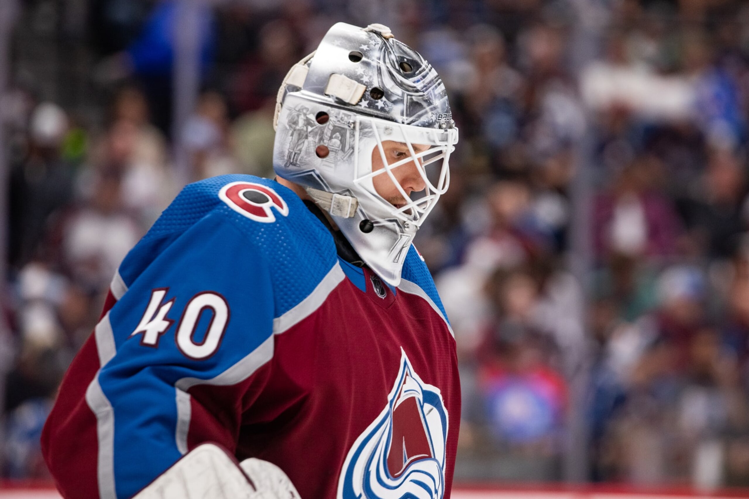 DENVER, COLORADO - MAY 17: Alexandar Georgiev #40 of the Colorado Avalanche skates in warmups ahead of Game Six of the Second Round of the Stanley Cup Playoffs against the Dallas Stars at Ball Arena on May 17, 2024 in Denver, Colorado. (Photo by Ashley Potts/NHLI via Getty Images) DENVER, COLORADO - MAY 17: Alexandar Georgiev #40 of the Colorado Avalanche skates in warmups ahead of Game Six of the Second Round of the Stanley Cup Playoffs against the Dallas Stars at Ball Arena on May 17, 2024 in Denver, Colorado. (Photo by Ashley Potts/NHLI via Getty Images)