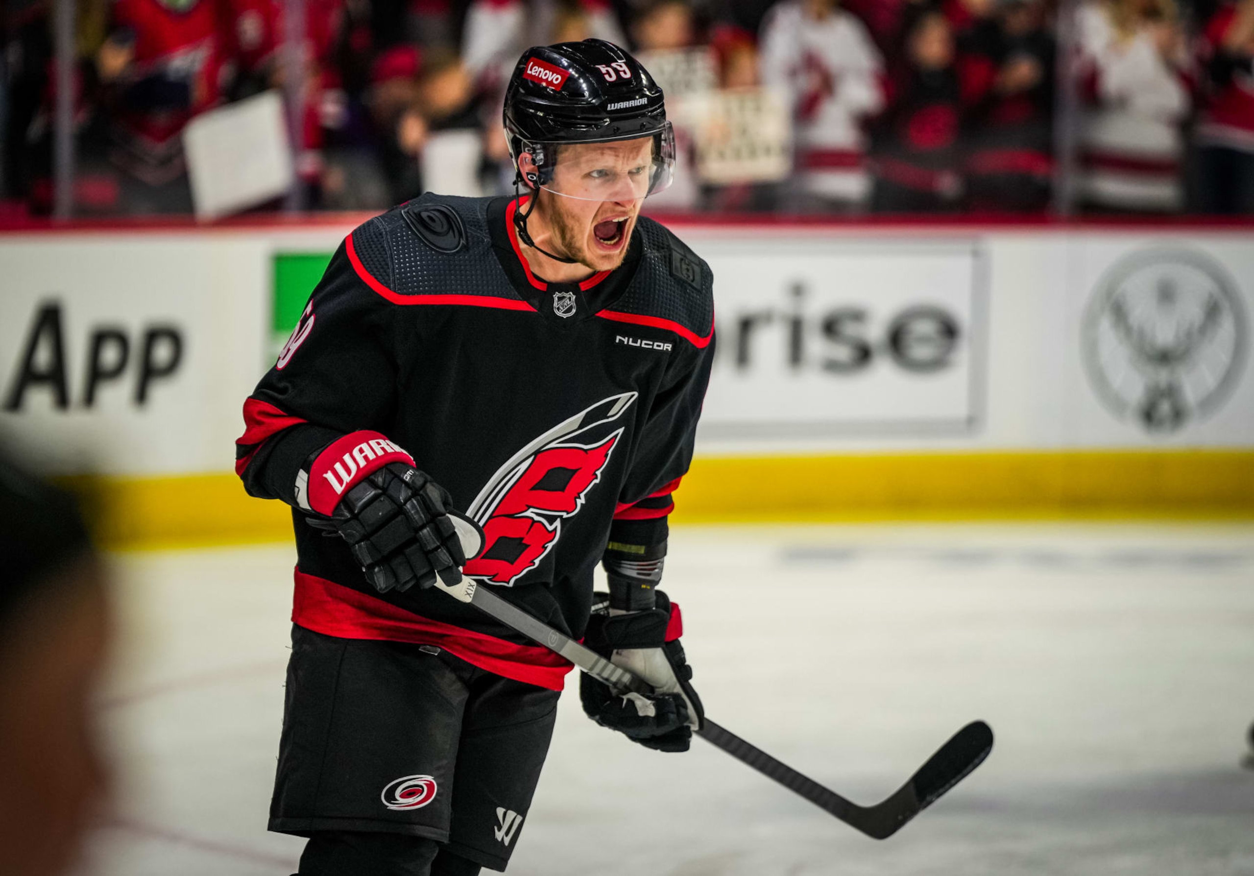 RALEIGH, NORTH CAROLINA - APRIL 30: Jake Guentzel #59 of the Carolina Hurricanes warms up prior to Game Five of the First Round of the 2024 Stanley Cup Playoffs against the New York Islanders at PNC Arena on April 30, 2024 in Raleigh, North Carolina. (Photo by Josh Lavallee/NHLI via Getty Images) RALEIGH, NORTH CAROLINA - APRIL 30: Jake Guentzel #59 of the Carolina Hurricanes warms up prior to Game Five of the First Round of the 2024 Stanley Cup Playoffs against the New York Islanders at PNC Arena on April 30, 2024 in Raleigh, North Carolina. (Photo by Josh Lavallee/NHLI via Getty Images)