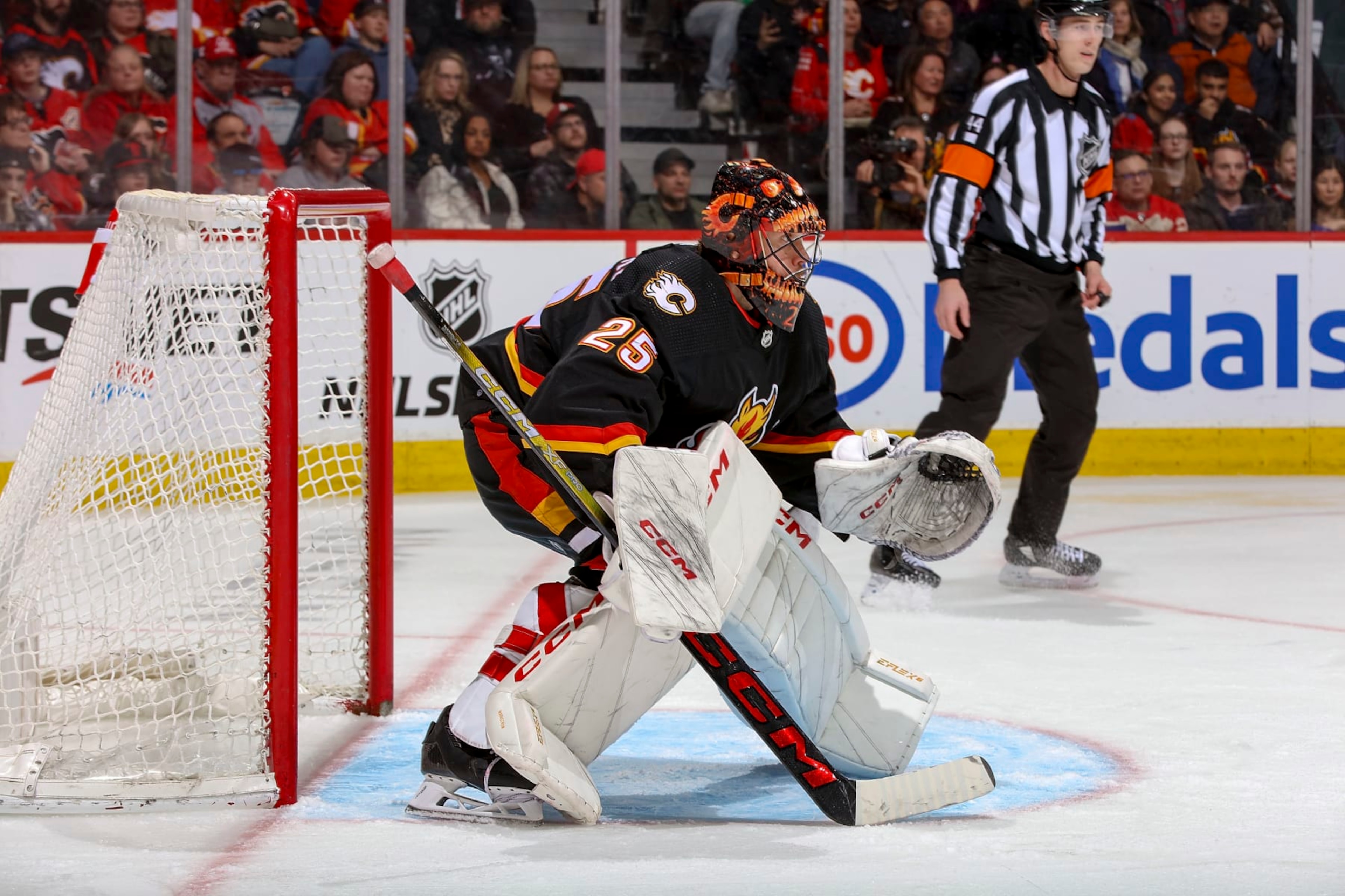 CALGARY, AB - APRIL 2: Jacob Markstrom #25 of the Calgary Flames in net against the Anaheim Ducks at Scotiabank Saddledome on April 2, 2024 in Calgary, Alberta, Canada. (Photo by Gerry Thomas/NHLI via Getty Images)