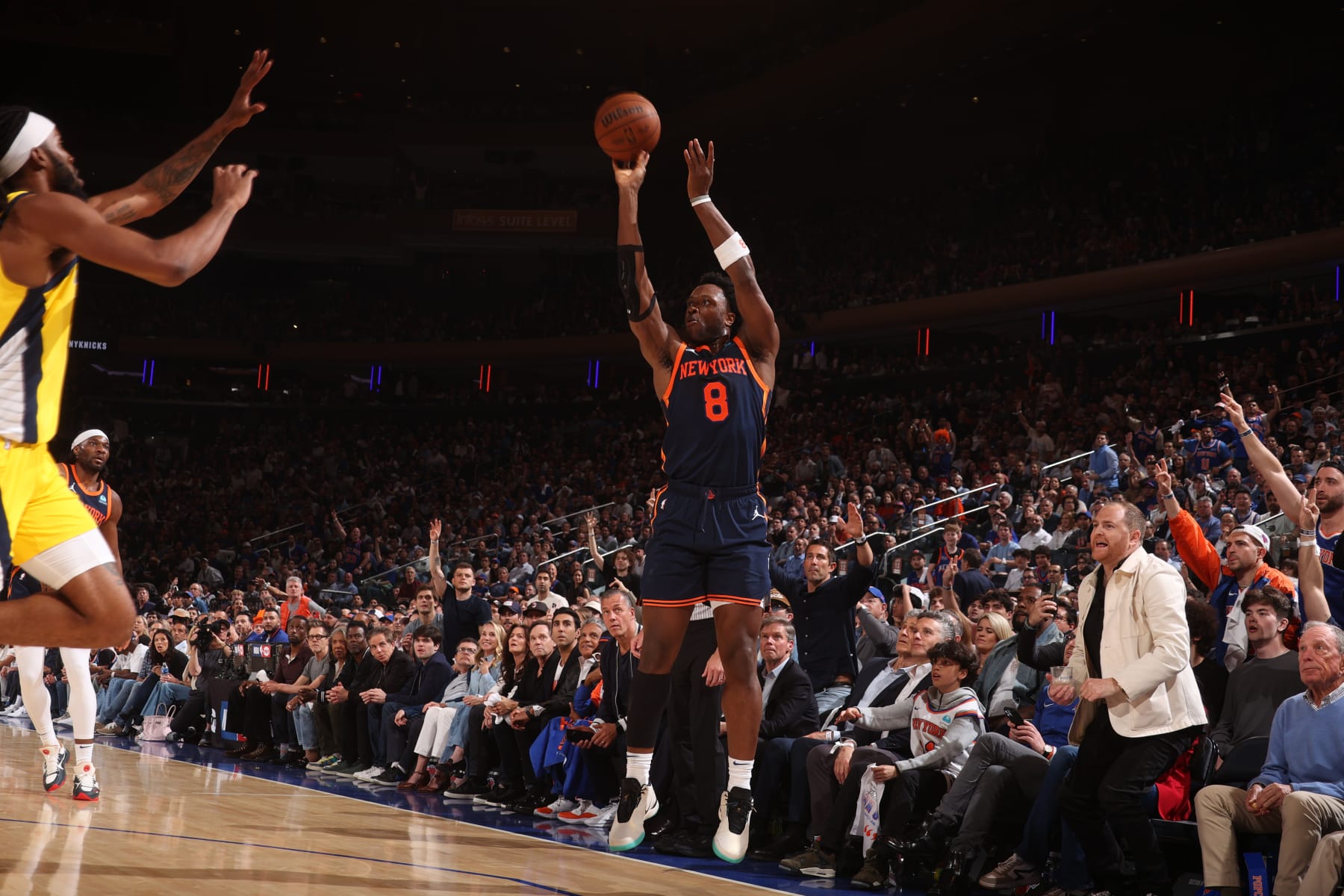 NEW YORK, NY - MAY 8: OG Anunoby #8 of the New York Knicks shoots a three point basket during the game  against the Indiana Pacers during Round 2 Game 2 of the 2024 NBA Playoffs on May 8, 2024 at Madison Square Garden in New York City, New York.  NOTE TO USER: User expressly acknowledges and agrees that, by downloading and or using this photograph, User is consenting to the terms and conditions of the Getty Images License Agreement. Mandatory Copyright Notice: Copyright 2024 NBAE  (Photo by Nathaniel S. Butler/NBAE via Getty Images)