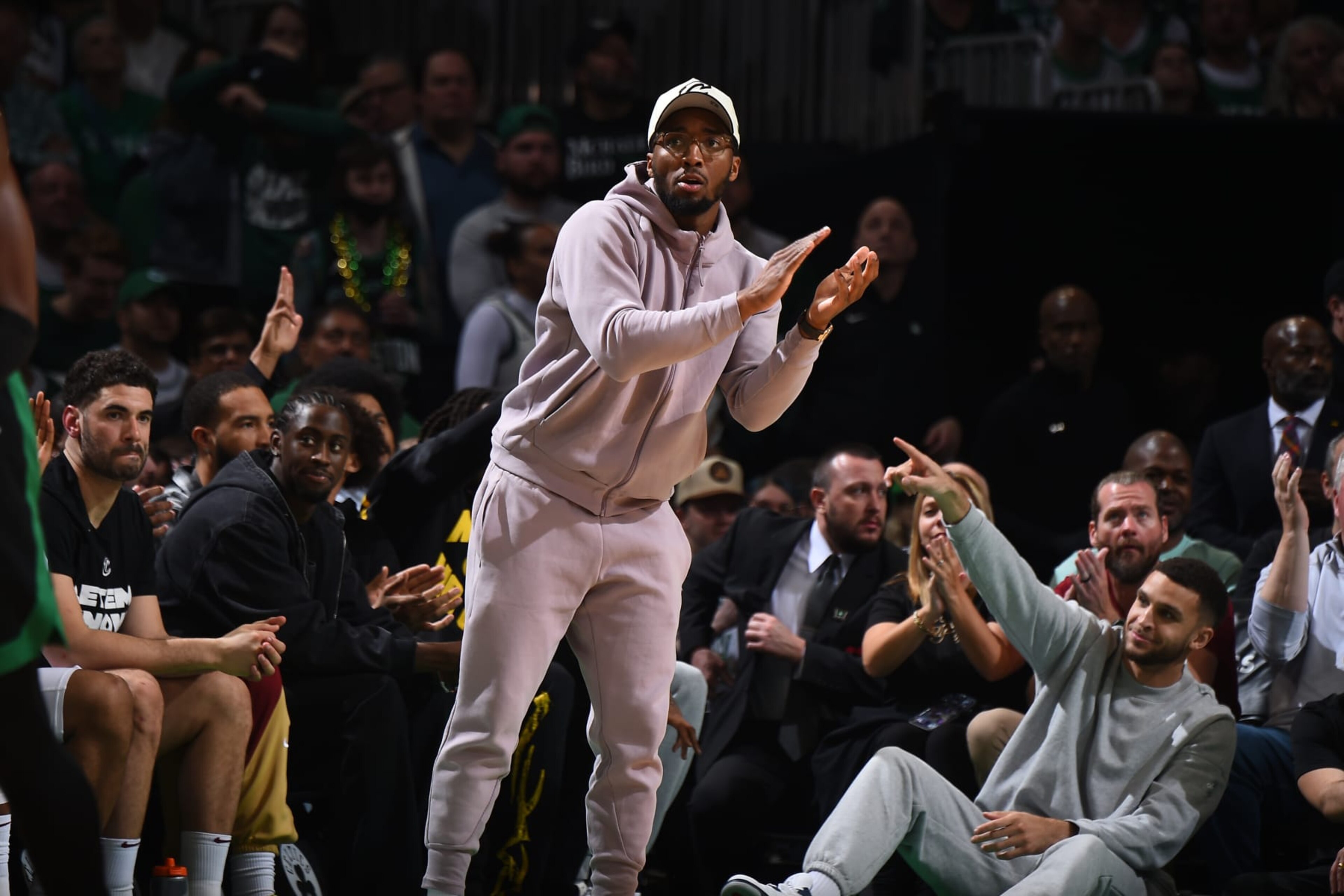 BOSTON, MA - MAY 15: Donovan Mitchell #45 of the Cleveland Cavaliers celebrates during the game  against the Boston Celtics during Round 2 Game 5 of the 2024 NBA Playoffs on May 15, 2024 at the TD Garden in Boston, Massachusetts. NOTE TO USER: User expressly acknowledges and agrees that, by downloading and or using this photograph, User is consenting to the terms and conditions of the Getty Images License Agreement. Mandatory Copyright Notice: Copyright 2024 NBAE  (Photo by Brian Babineau/NBAE via Getty Images)