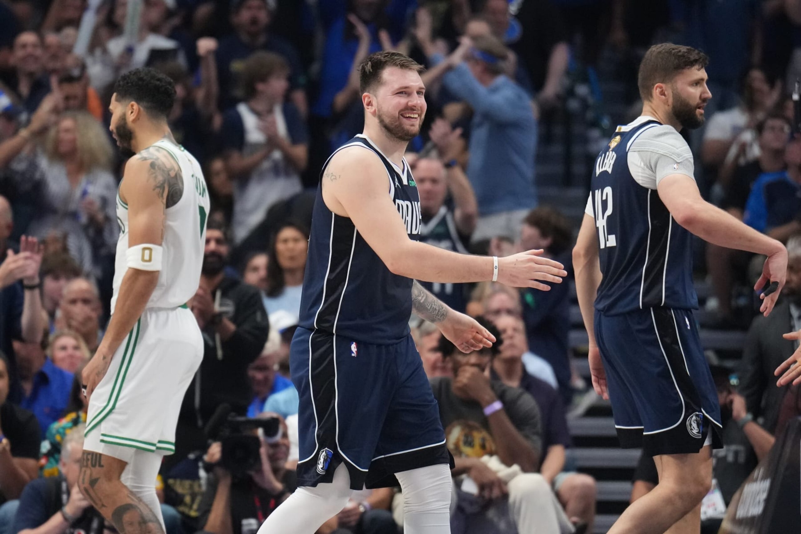 DALLAS, TX - JUNE 14: Luka Doncic #77 of the Dallas Mavericks celebrates during the game against the Boston Celtics during Game 4 of the 2024 NBA Finals on June 14, 2024 at the American Airlines Center in Dallas, Texas. NOTE TO USER: User expressly acknowledges and agrees that, by downloading and or using this photograph, User is consenting to the terms and conditions of the Getty Images License Agreement. Mandatory Copyright Notice: Copyright 2024 NBAE (Photo by Jesse D. Garrabrant/NBAE via Getty Images)