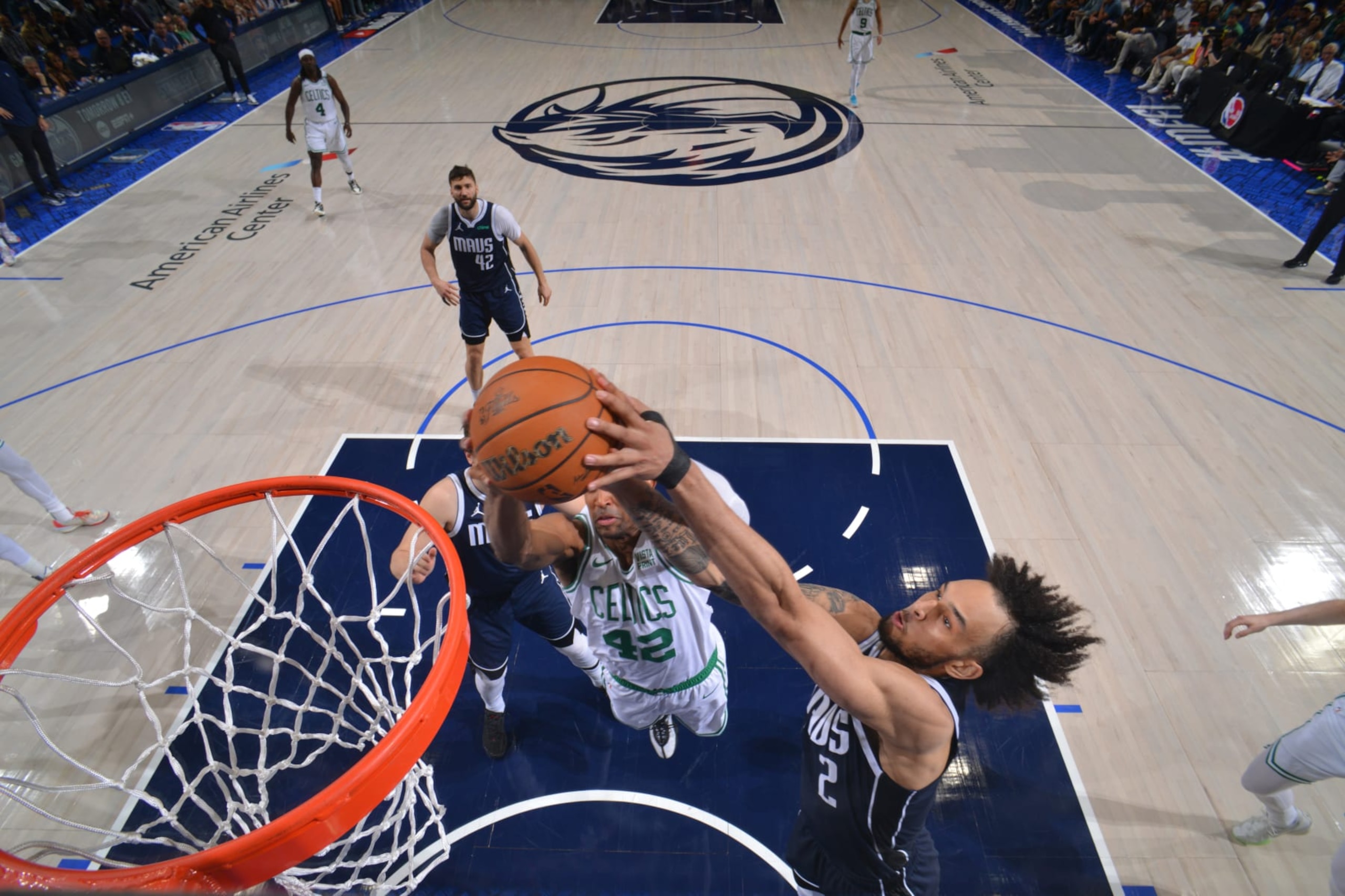 DALLAS, TX - JUNE 14: Dereck Lively II #2 of the Dallas Mavericks rebounds the ball during the game against the Boston Celtics during Game 4 of the 2024 NBA Finals on June 14, 2024 at the American Airlines Center in Dallas, Texas. NOTE TO USER: User expressly acknowledges and agrees that, by downloading and or using this photograph, User is consenting to the terms and conditions of the Getty Images License Agreement. Mandatory Copyright Notice: Copyright 2024 NBAE (Photo by Jesse D. Garrabrant/NBAE via Getty Images)