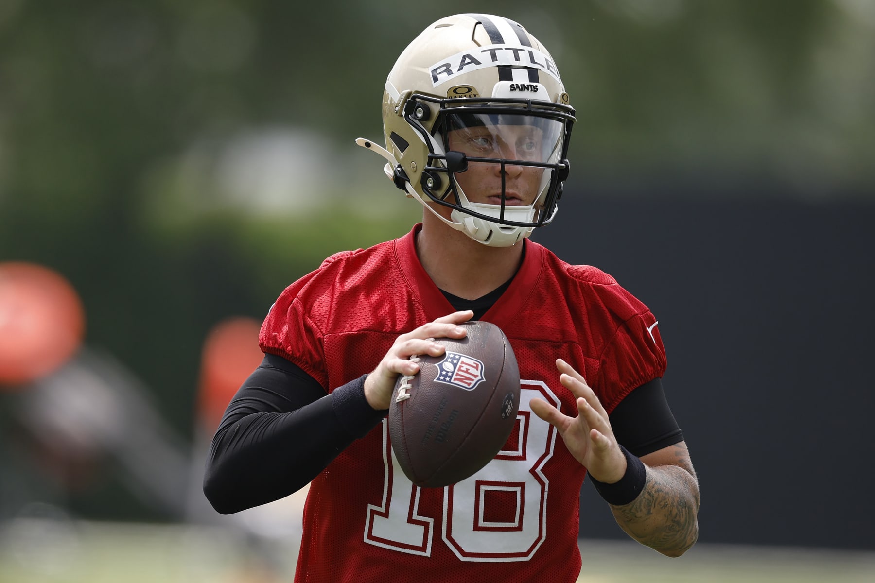 METAIRIE, LOUISIANA - MAY 28:  Spencer Rattler #18 of the New Orleans Saints attends the OTA Offseason Workout at the New Orleans Saints Practice facility on May 28, 2024 in Metairie, Louisiana. (Photo by Chris Graythen/Getty Images)