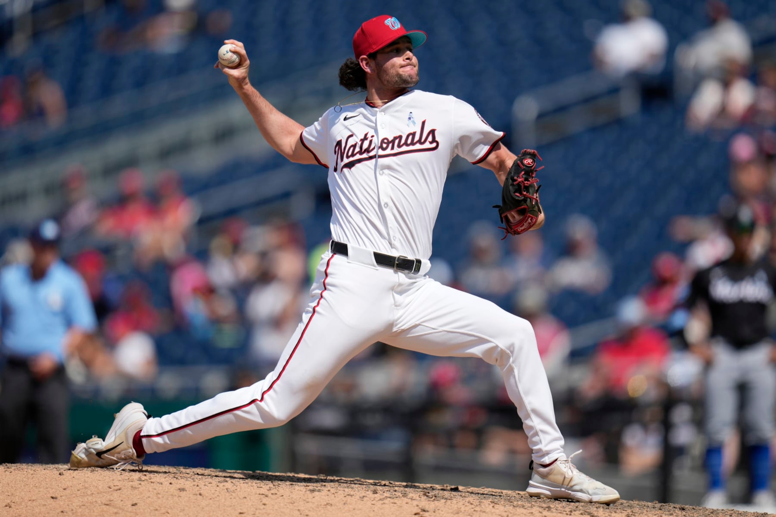 WASHINGTON, DC - JUNE 16: Kyle Finnegan #67 of the Washington Nationals pitches to the Miami Marlins during the ninth inning at Nationals Park on June 16, 2024 in Washington, DC. (Photo by Jess Rapfogel/Getty Images)