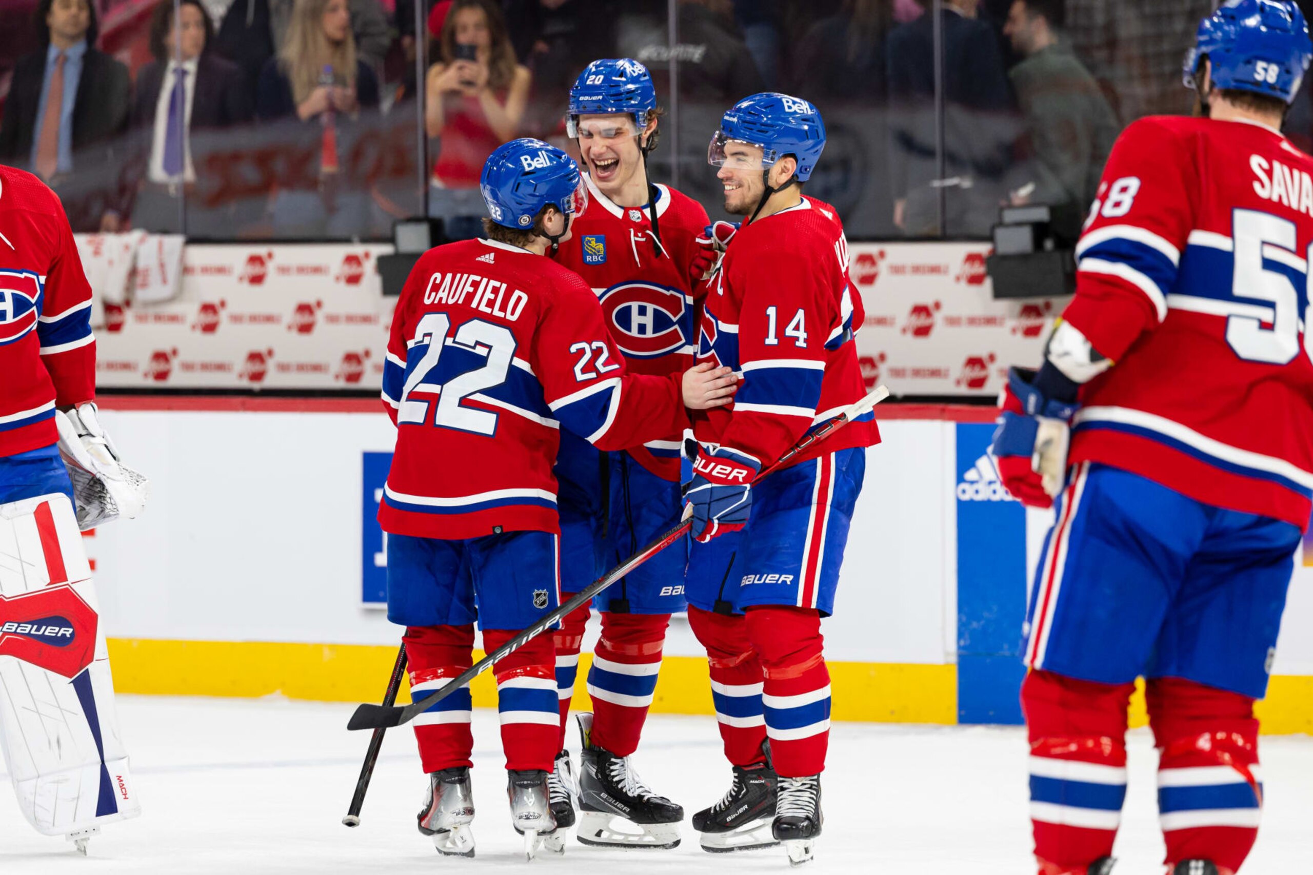 MONTREAL, CANADA - APRIL 9: The Montreal Canadiens celebrate after winning the NHL regular season game between the Montreal Canadiens and the Philadelphia Flyers at the Bell Centre on April 9, 2024 in Montreal, Quebec, Canada. The Montreal Canadiens defeated the Philadelphia Flyers by a score of 9-3. (Photo by Vitor Munhoz/NHLI via Getty Images) MONTREAL, CANADA - APRIL 9: The Montreal Canadiens celebrate after winning the NHL regular season game between the Montreal Canadiens and the Philadelphia Flyers at the Bell Centre on April 9, 2024 in Montreal, Quebec, Canada. The Montreal Canadiens defeated the Philadelphia Flyers by a score of 9-3. (Photo by Vitor Munhoz/NHLI via Getty Images)