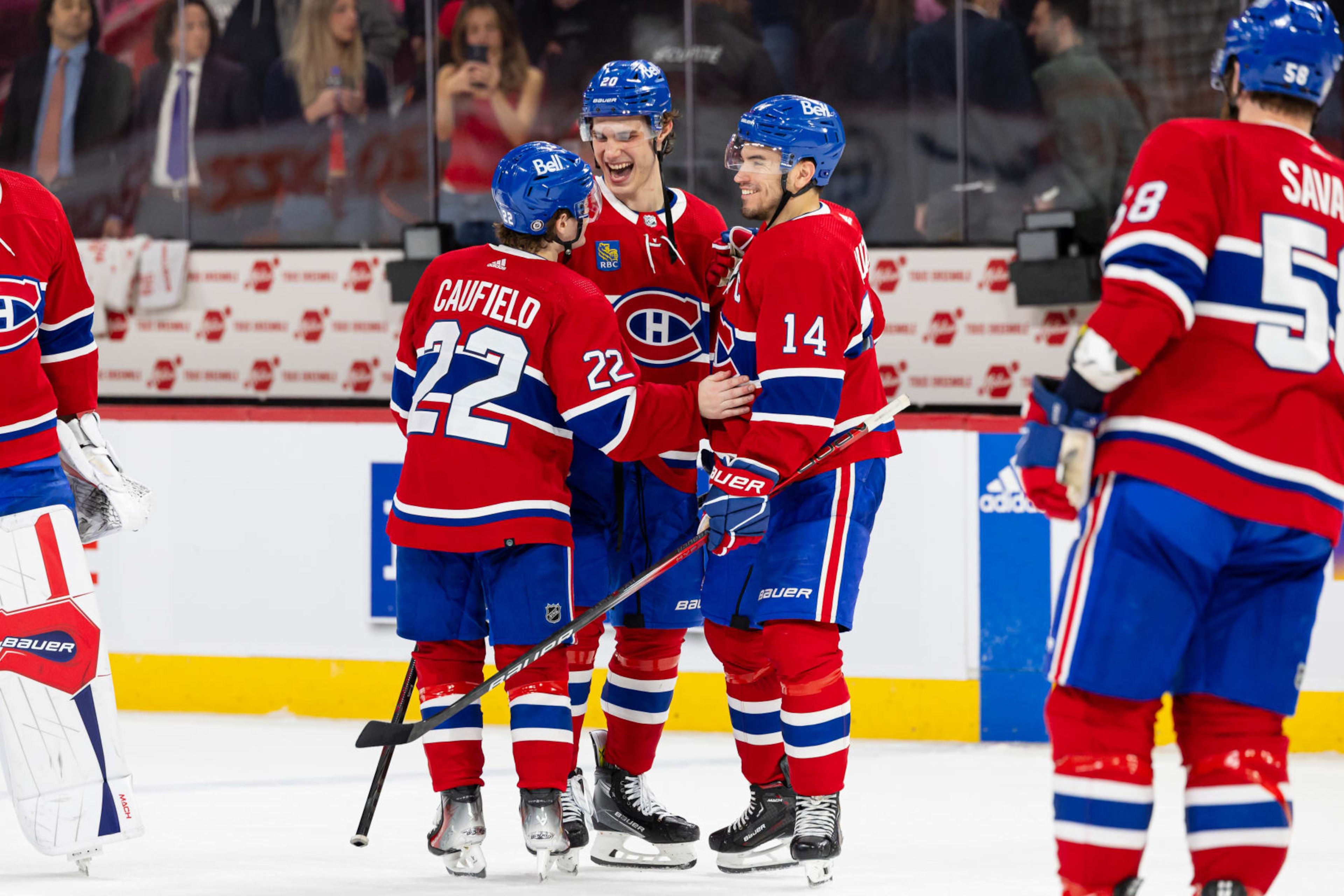 MONTREAL, CANADA - APRIL 9: The Montreal Canadiens celebrate after winning the NHL regular season game between the Montreal Canadiens and the Philadelphia Flyers at the Bell Centre on April 9, 2024 in Montreal, Quebec, Canada. The Montreal Canadiens defeated the Philadelphia Flyers by a score of 9-3. (Photo by Vitor Munhoz/NHLI via Getty Images) MONTREAL, CANADA - APRIL 9: The Montreal Canadiens celebrate after winning the NHL regular season game between the Montreal Canadiens and the Philadelphia Flyers at the Bell Centre on April 9, 2024 in Montreal, Quebec, Canada. The Montreal Canadiens defeated the Philadelphia Flyers by a score of 9-3. (Photo by Vitor Munhoz/NHLI via Getty Images)