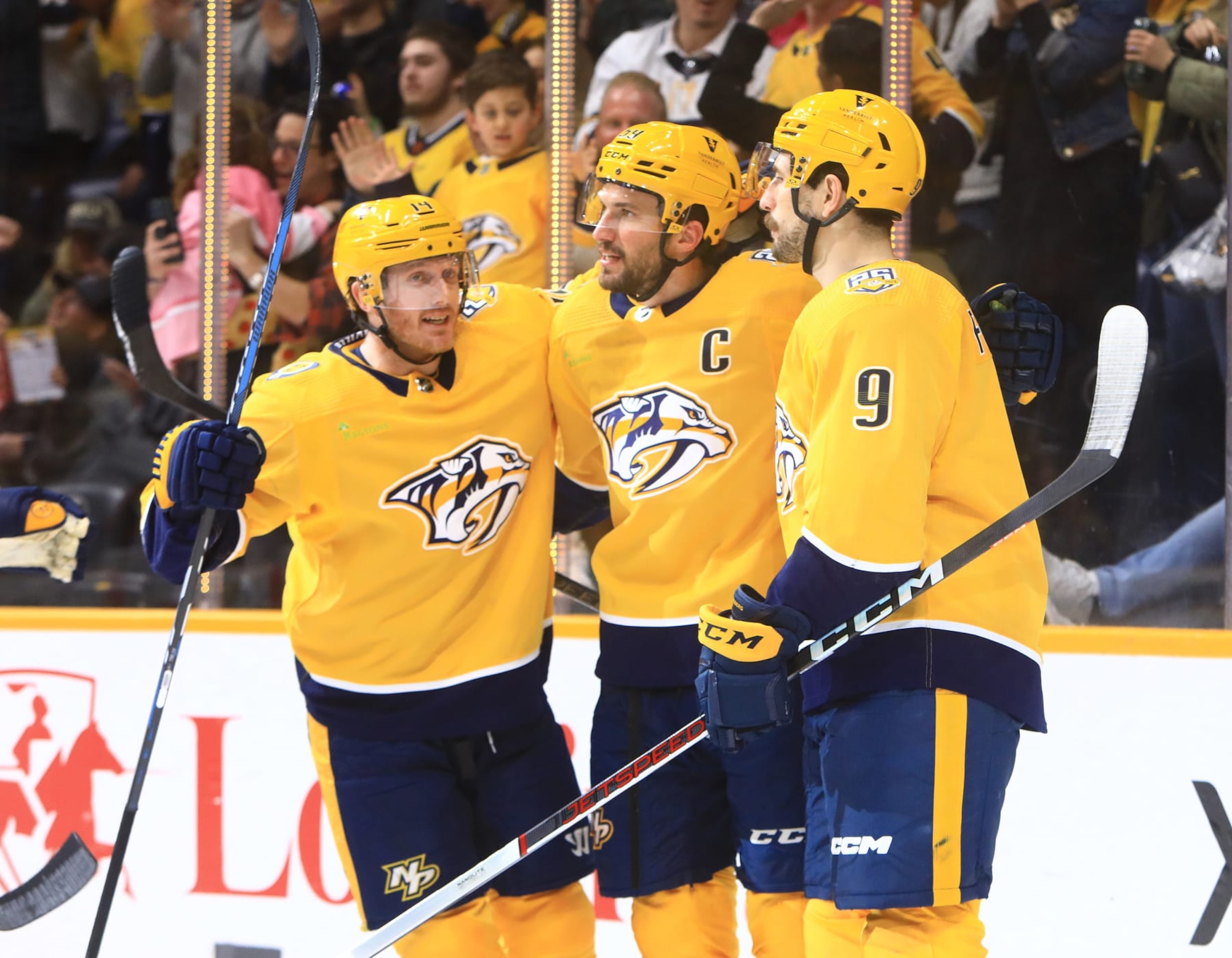NASHVILLE, TN - FEBRUARY 27: Nashville Predators right wing Gustav Nyquist (14) and left wing Filip Forsberg (9) celebrate a second period goal by defenseman Roman Josi (59) during the NHL game between the Nashville Predators and Ottawa Senators, held on February 27, 2024, at Bridgestone Arena in Nashville, Tennessee. (Photo by Danny Murphy/Icon Sportswire via Getty Images) NASHVILLE, TN - FEBRUARY 27: Nashville Predators right wing Gustav Nyquist (14) and left wing Filip Forsberg (9) celebrate a second period goal by defenseman Roman Josi (59) during the NHL game between the Nashville Predators and Ottawa Senators, held on February 27, 2024, at Bridgestone Arena in Nashville, Tennessee. (Photo by Danny Murphy/Icon Sportswire via Getty Images)