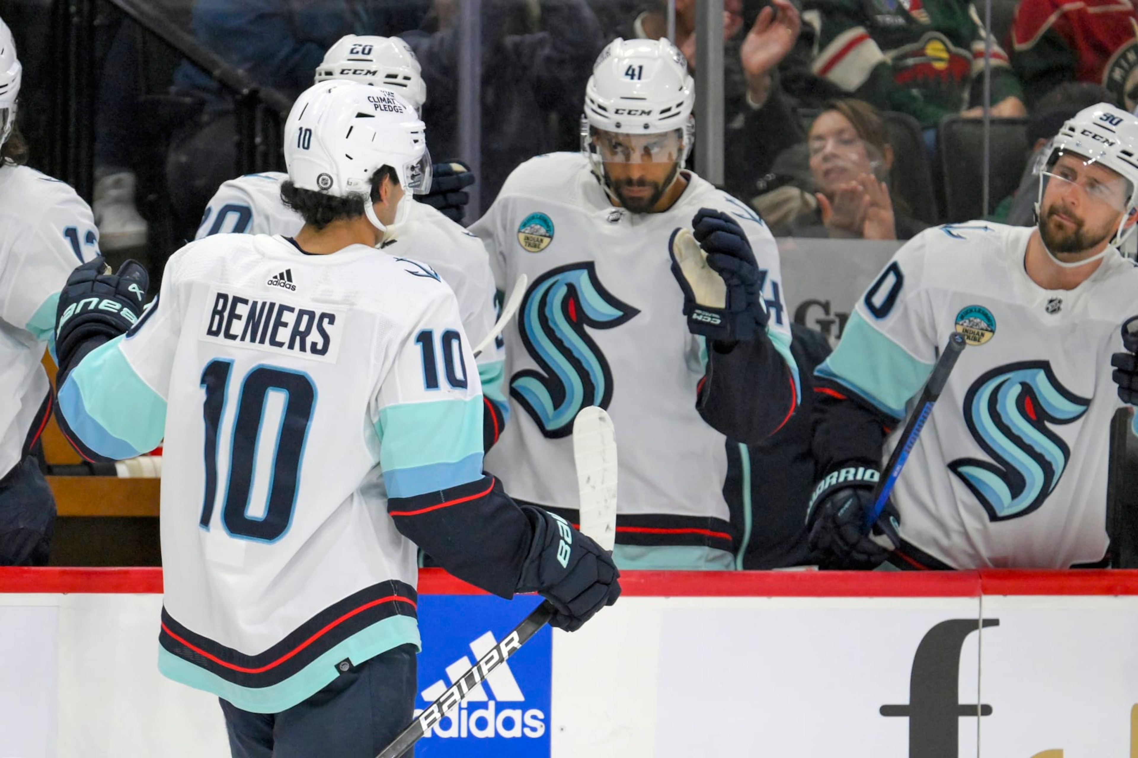 ST. PAUL, MN - APRIL 18: Seattle Kraken forward Matty Beniers (10) celebrates his power play goal during the second period of an NHL game between the Minnesota Wild and Seattle Kraken on April 18, 2024, at Xcel Energy Center in St. Paul, MN. (Photo by Nick Wosika/Icon Sportswire via Getty Images) ST. PAUL, MN - APRIL 18: Seattle Kraken forward Matty Beniers (10) celebrates his power play goal during the second period of an NHL game between the Minnesota Wild and Seattle Kraken on April 18, 2024, at Xcel Energy Center in St. Paul, MN. (Photo by Nick Wosika/Icon Sportswire via Getty Images)