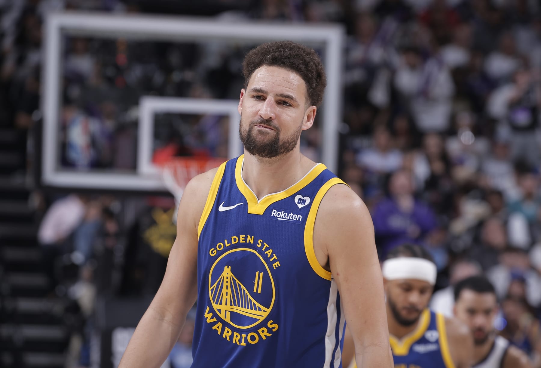SACRAMENTO, CA - APRIL 16: Klay Thompson #11 of the Golden State Warriors looks on during the game against the Sacramento Kings during the 2024 Play-In Tournament on April 16, 2024 at Golden 1 Center in Sacramento, California. NOTE TO USER: User expressly acknowledges and agrees that, by downloading and or using this photograph, User is consenting to the terms and conditions of the Getty Images Agreement. Mandatory Copyright Notice: Copyright 2024 NBAE (Photo by Rocky Widner/NBAE via Getty Images)