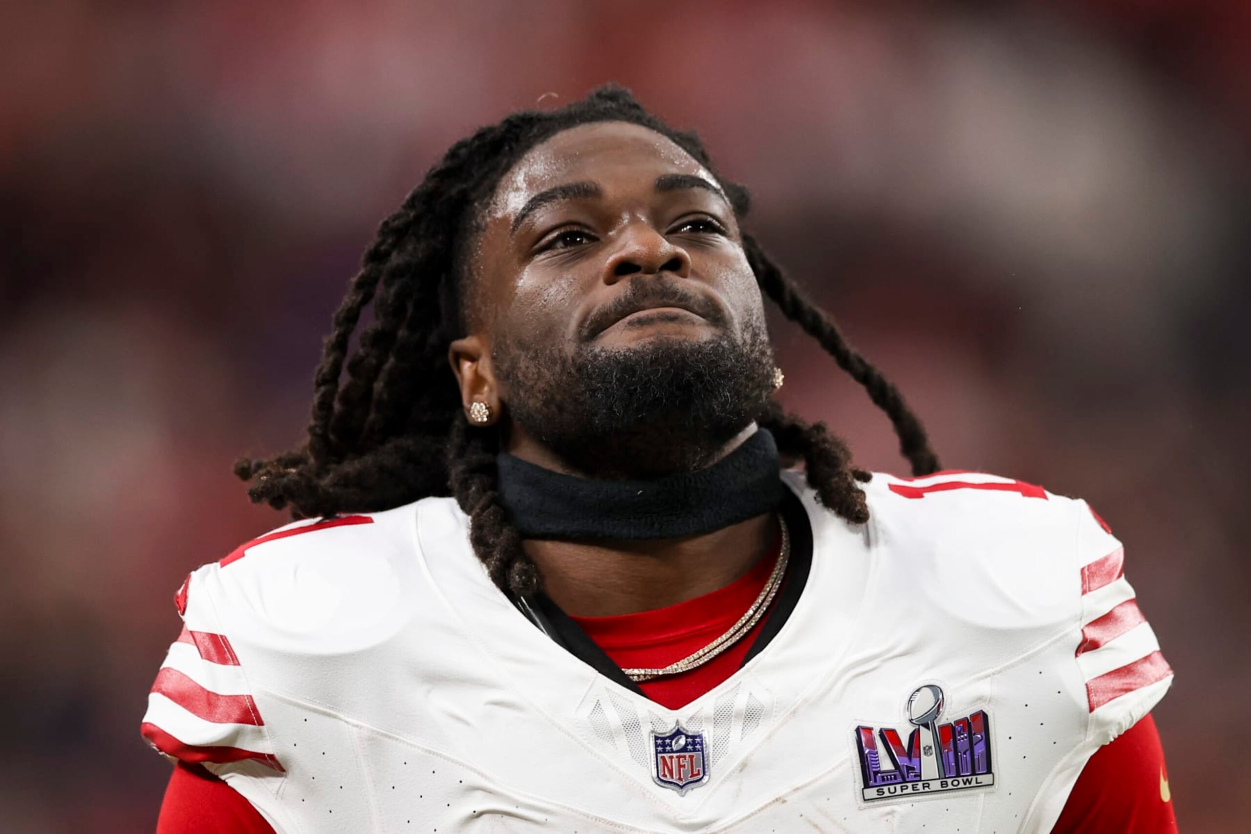LAS VEGAS, NV - FEBRUARY 11: Brandon Aiyuk #11 of the San Francisco 49ers looks on during Super Bowl LVIII against the Kansas City Chiefs at Allegiant Stadium on February 11, 2024 in Las Vegas, NV. (Photo by Perry Knotts/Getty Images) LAS VEGAS, NV - FEBRUARY 11: Brandon Aiyuk #11 of the San Francisco 49ers looks on during Super Bowl LVIII against the Kansas City Chiefs at Allegiant Stadium on February 11, 2024 in Las Vegas, NV. (Photo by Perry Knotts/Getty Images)