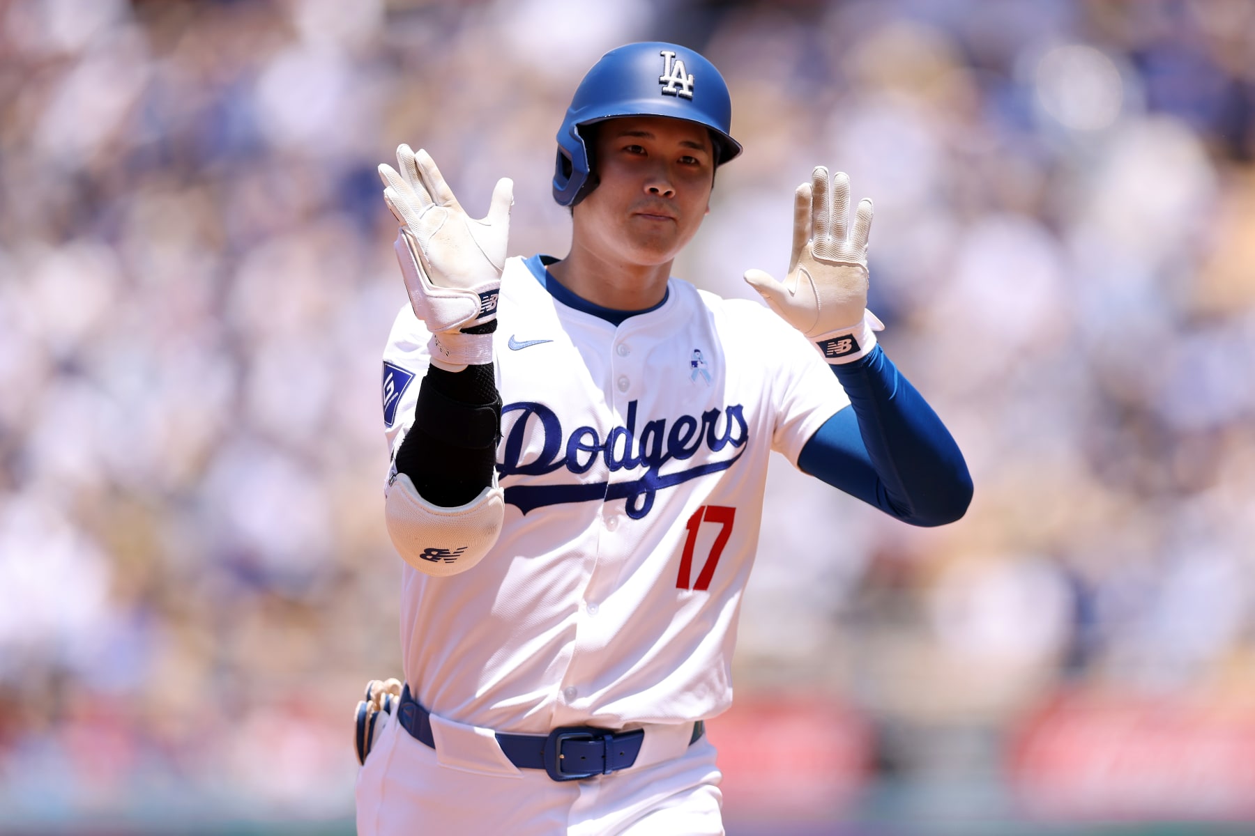 LOS ANGELES, CALIFORNIA - JUNE 16: Shohei Ohtani #17 of the Los Angeles Dodgers celebrates after hitting a home run during the third inning against the Kansas City Royals at Dodger Stadium on June 16, 2024 in Los Angeles, California. (Photo by Katelyn Mulcahy/Getty Images)