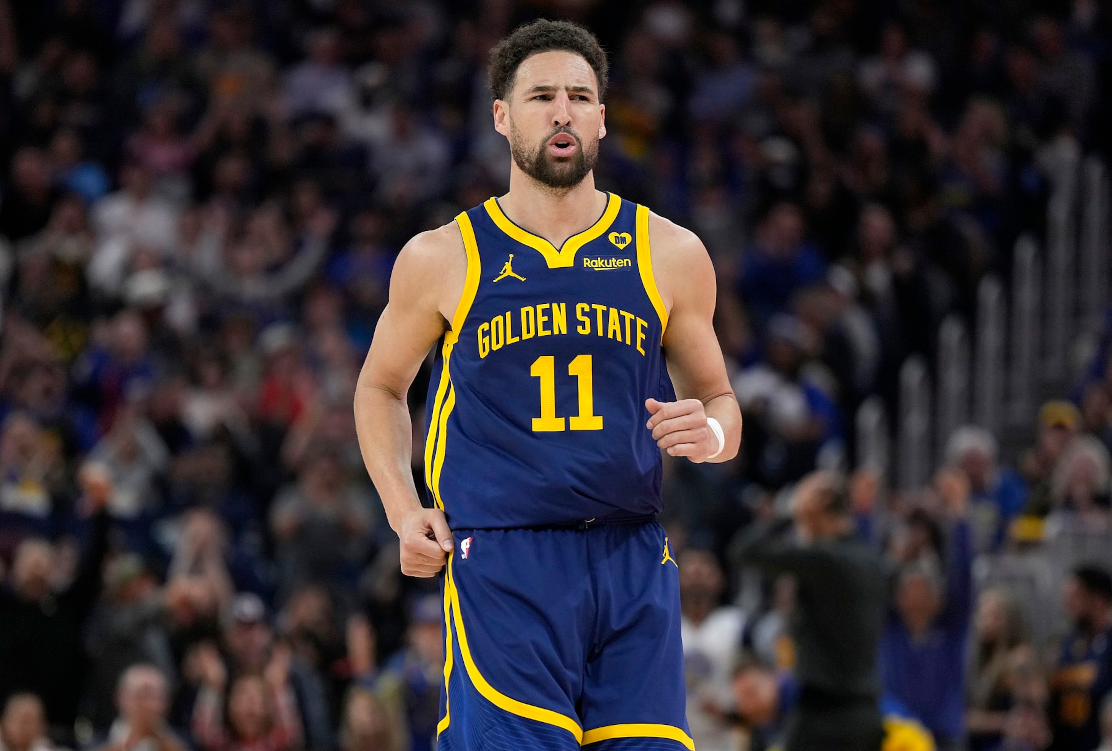SAN FRANCISCO, CALIFORNIA - APRIL 07: Klay Thompson #11 of the Golden State Warriors reacts after making a three-point shot against the Utah Jazz during first half of an NBA basketball game at Chase Center on April 07, 2024 in San Francisco, California. NOTE TO USER: User expressly acknowledges and agrees that, by downloading and or using this photograph, User is consenting to the terms and conditions of the Getty Images License Agreement. (Photo by Thearon W. Henderson/Getty Images) SAN FRANCISCO, CALIFORNIA - APRIL 07: Klay Thompson #11 of the Golden State Warriors reacts after making a three-point shot against the Utah Jazz during first half of an NBA basketball game at Chase Center on April 07, 2024 in San Francisco, California. NOTE TO USER: User expressly acknowledges and agrees that, by downloading and or using this photograph, User is consenting to the terms and conditions of the Getty Images License Agreement. (Photo by Thearon W. Henderson/Getty Images)