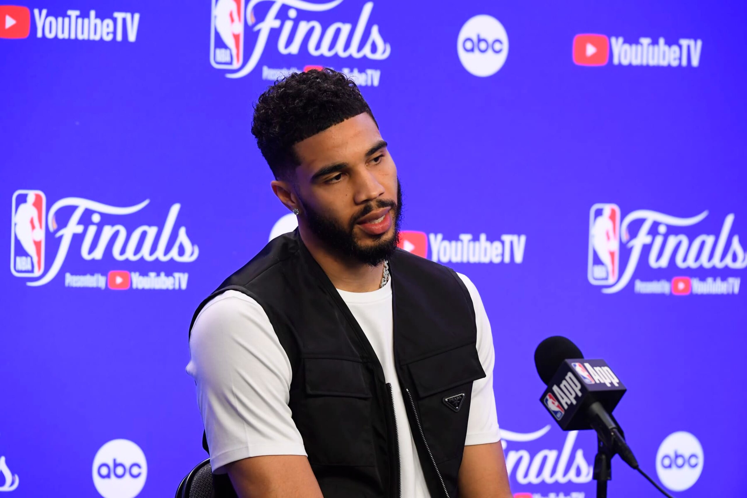 DALLAS, TX - JUNE 14: Jayson Tatum #0 of the Boston Celtics talks to the media after the game against the Dallas Mavericks during Game 4 of the 2024 NBA Finals on June 14, 2024 at the American Airlines Center in Dallas, Texas. NOTE TO USER: User expressly acknowledges and agrees that, by downloading and or using this photograph, User is consenting to the terms and conditions of the Getty Images License Agreement. Mandatory Copyright Notice: Copyright 2024 NBAE (Photo by Brian Babineau/NBAE via Getty Images)