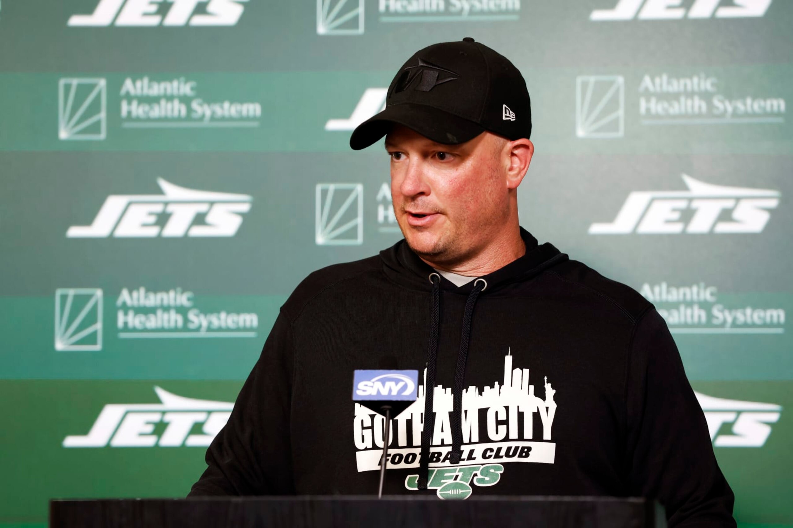 FLORHAM PARK, NEW JERSEY - MAY 21: Offensive coordinator Nathaniel Hackett of the New York Jets speaks to the media during the New York Jets OTA Offseason Workout at Atlantic Health Jets Training Center on May 21, 2024 in Florham Park, New Jersey. (Photo by Sarah Stier/Getty Images)